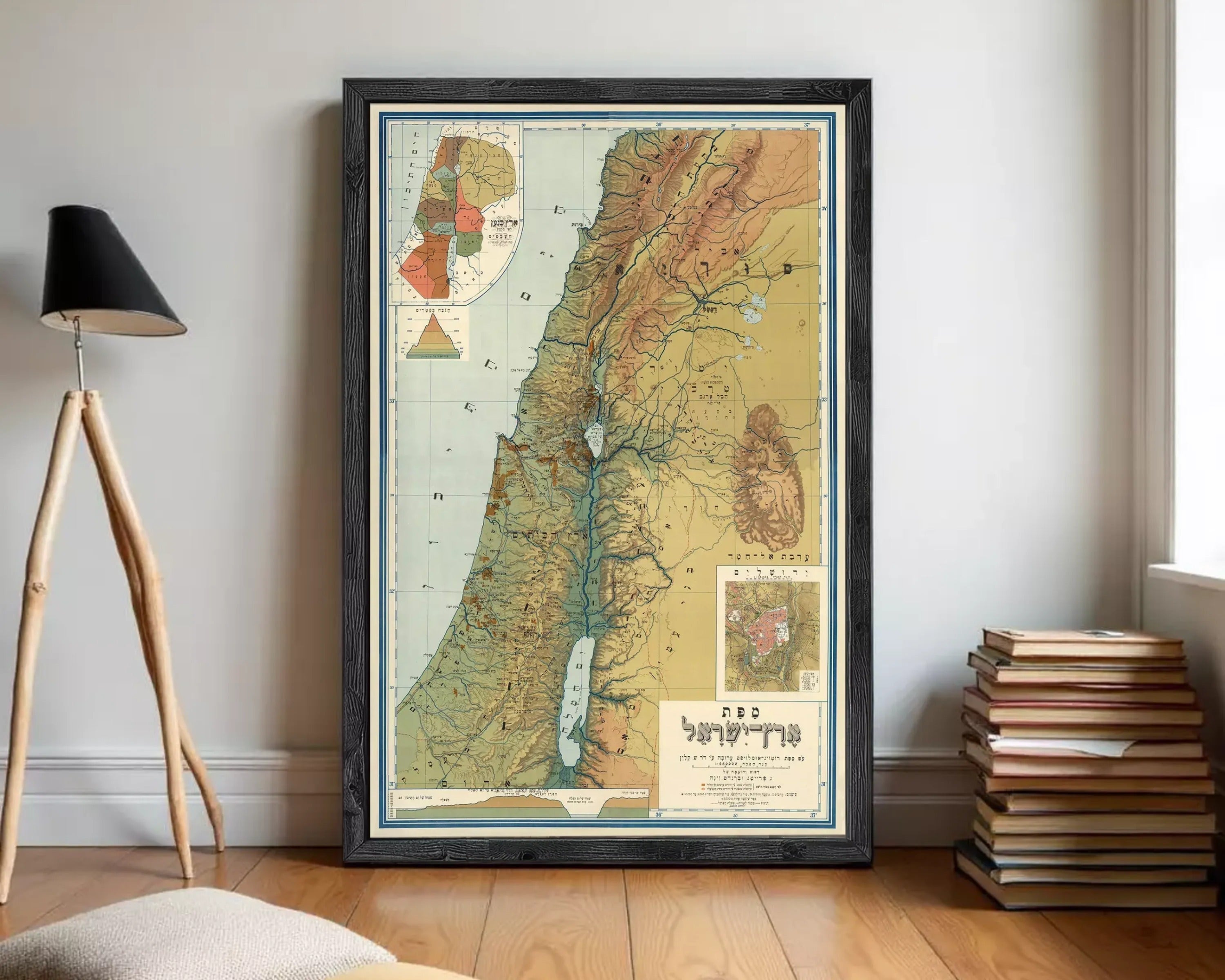 The image is a framed map of the Middle East, specifically focusing on the region of Israel.