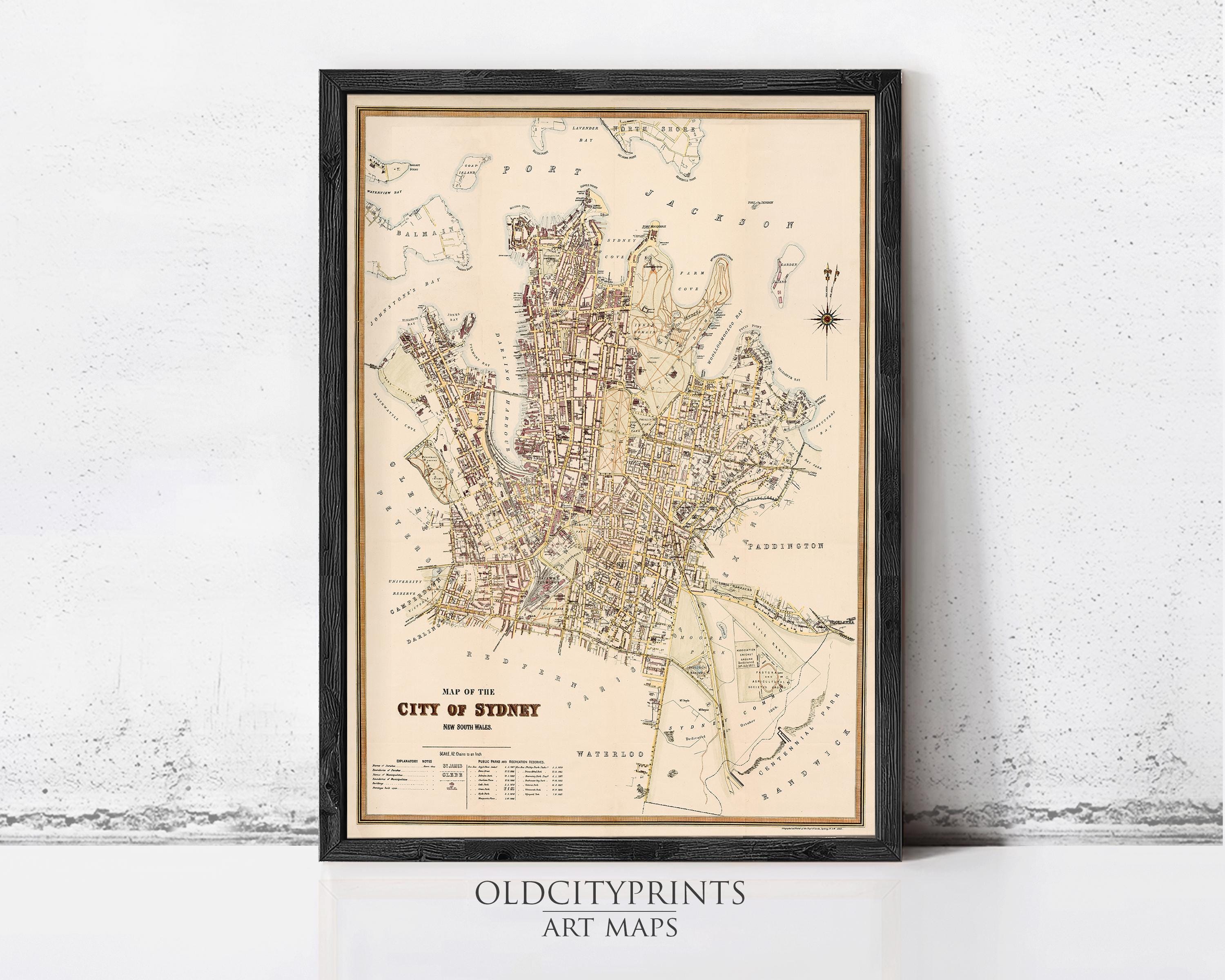 The image is a framed vintage map of the city of Sydney, Australia, depicting the city's streets and surrounding areas.