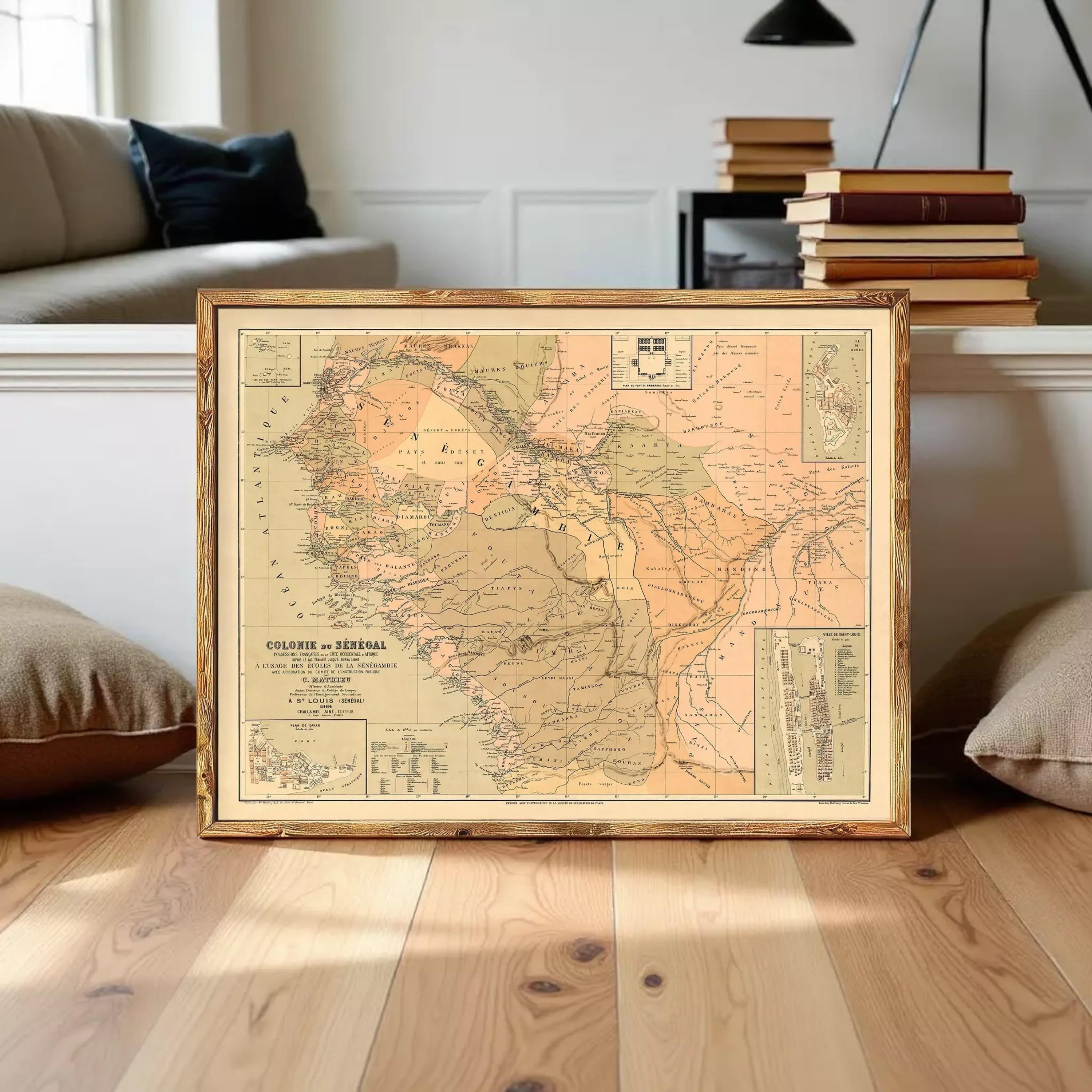 The image is a framed vintage map of South America, depicting the region in a detailed and historical manner.