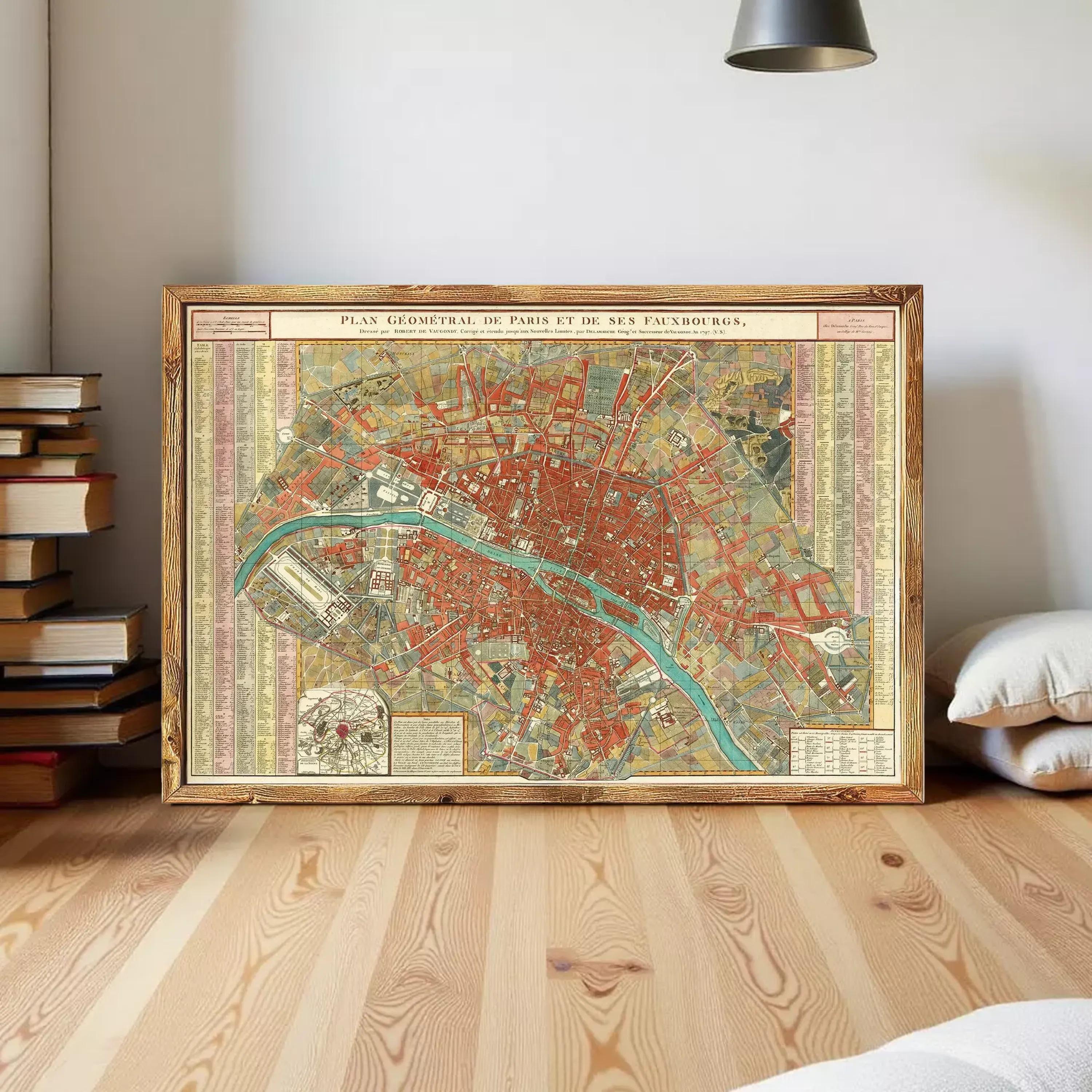 The image is a framed vintage map of Paris, France, depicting the city's streets and landmarks.