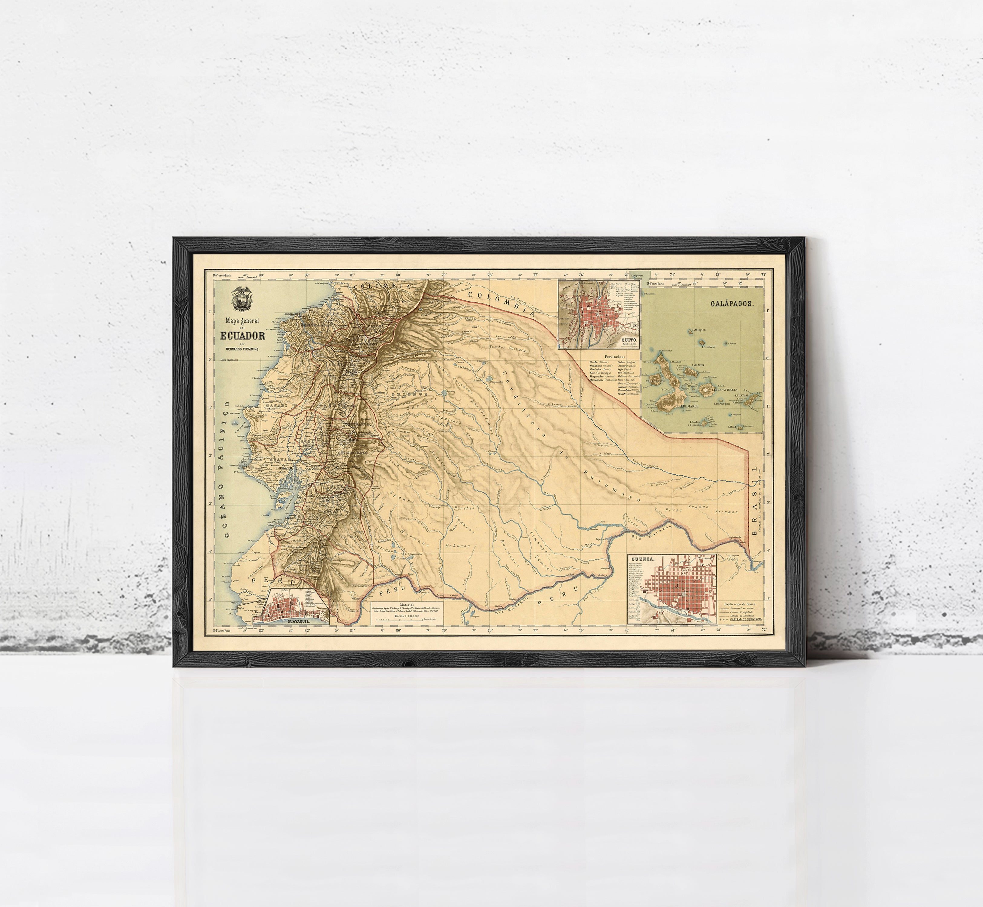 The image is a framed vintage map of South America, specifically the Andes mountain range, with a focus on the countries of Colombia, Venezuela, and Ecuador.