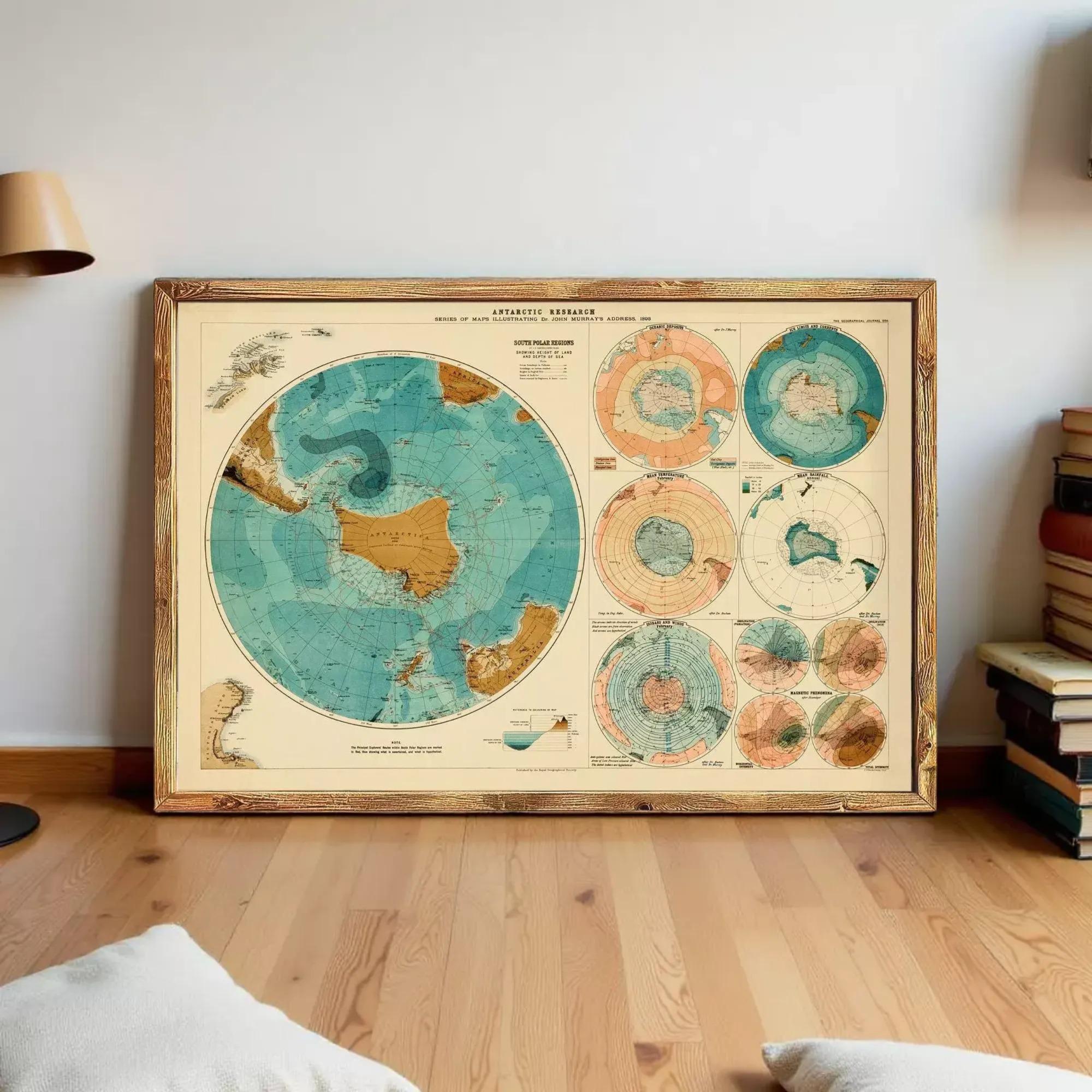 a large, framed vintage map of the world, depicting various regions and countries in different colors and styles.