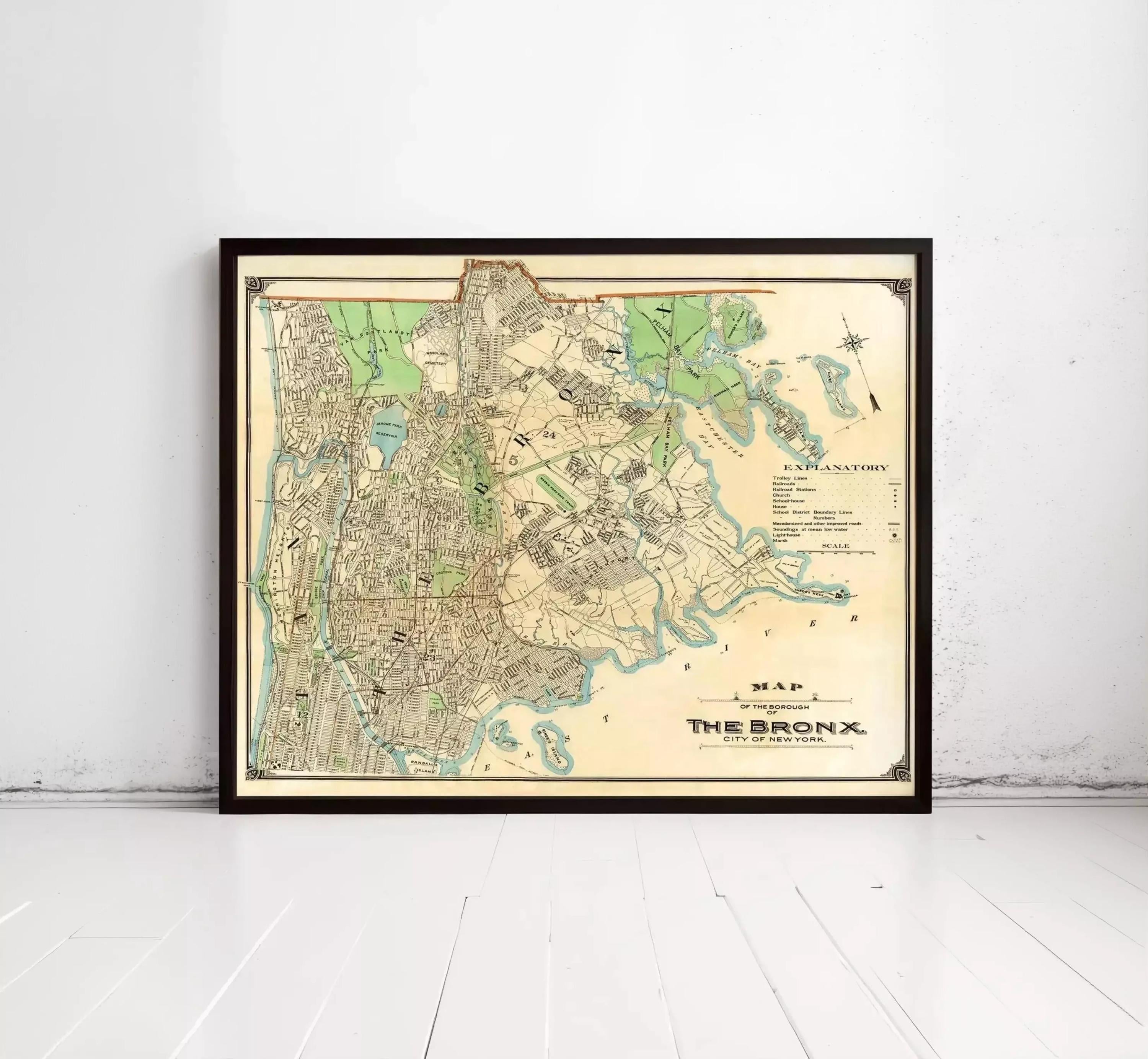 The image is a framed vintage map of the Bronx, New York, depicting the city's layout and surrounding areas.