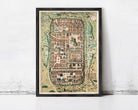 The image is a framed map of a city, depicting various buildings, roads, and other urban elements.