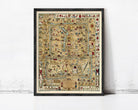 The image is a framed map with various illustrations and symbols, including people, animals, and landmarks, all depicted in a detailed and intricate manner.