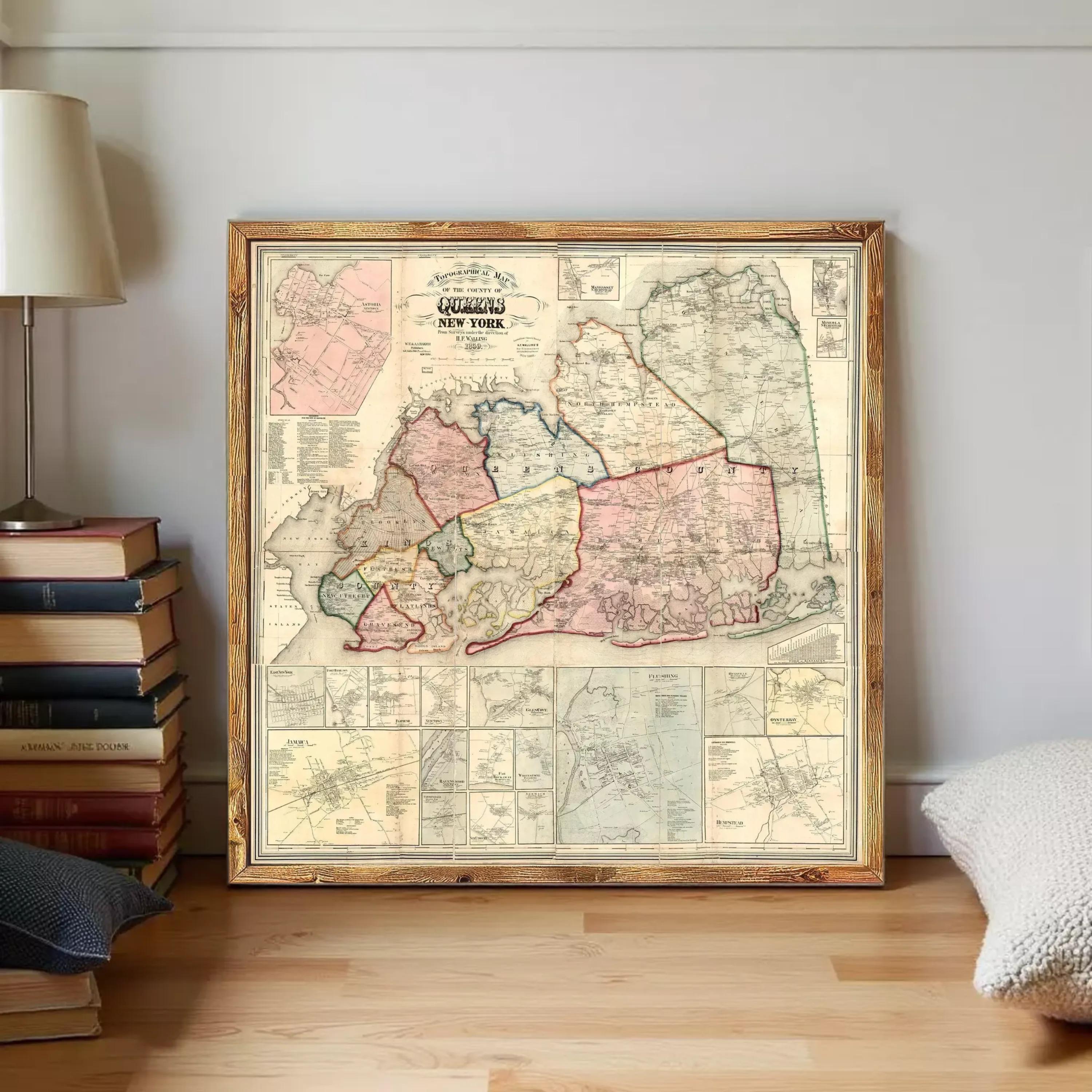 a framed map of New York State, with various regions and cities clearly labeled.