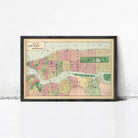 The image is a framed map of New York City, depicting the city's streets and neighborhoods in a vintage style.