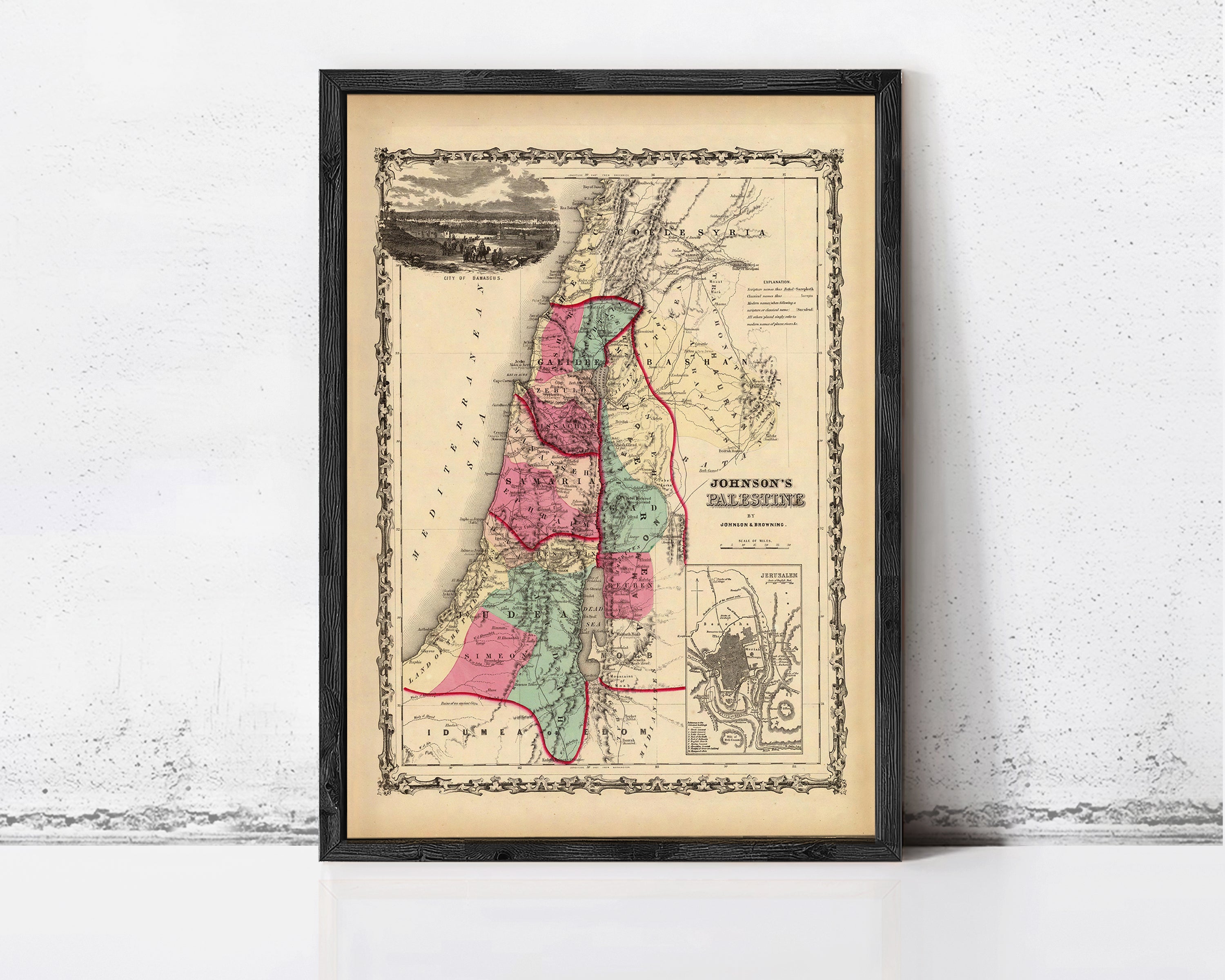 The image is a framed vintage map of the Middle East, depicting the countries and regions of the region.