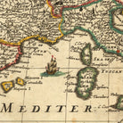 The image is a vintage map of the Mediterranean region, showing the coastline, islands, and surrounding areas.