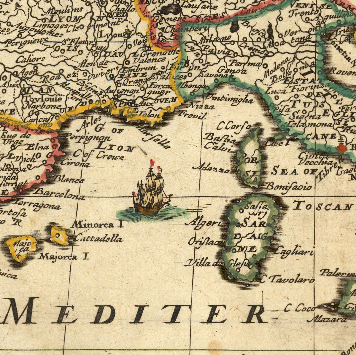 The image is a vintage map of the Mediterranean region, showing the coastline, islands, and surrounding areas.