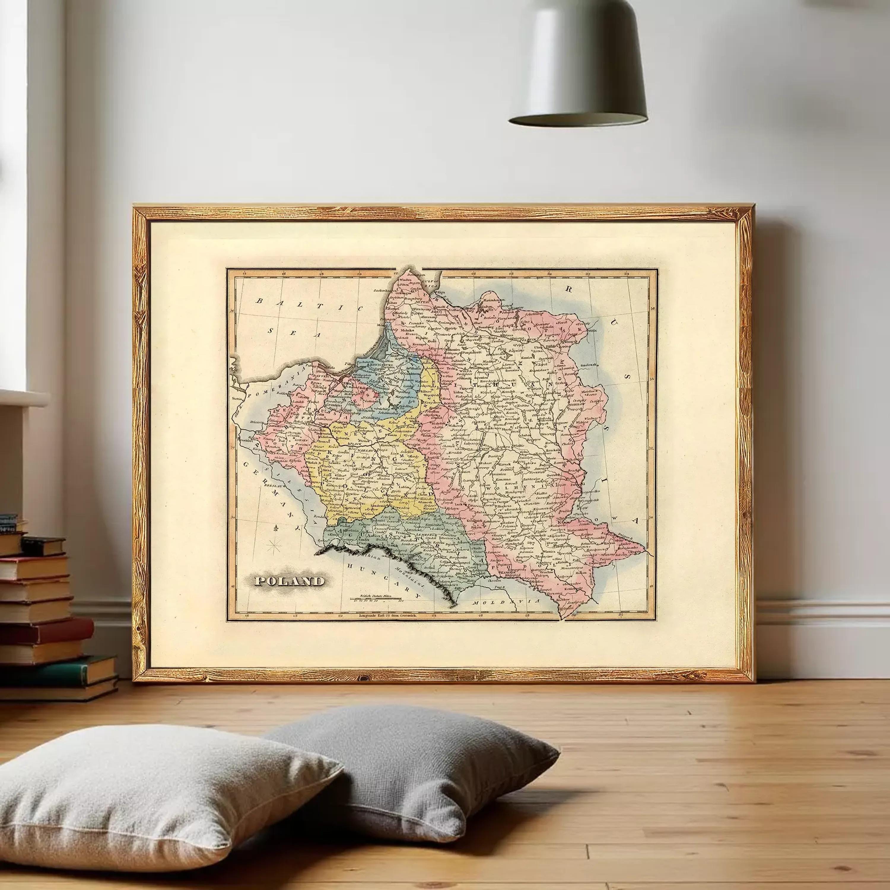 The image is a framed map of Poland, which is a country located in Europe.
