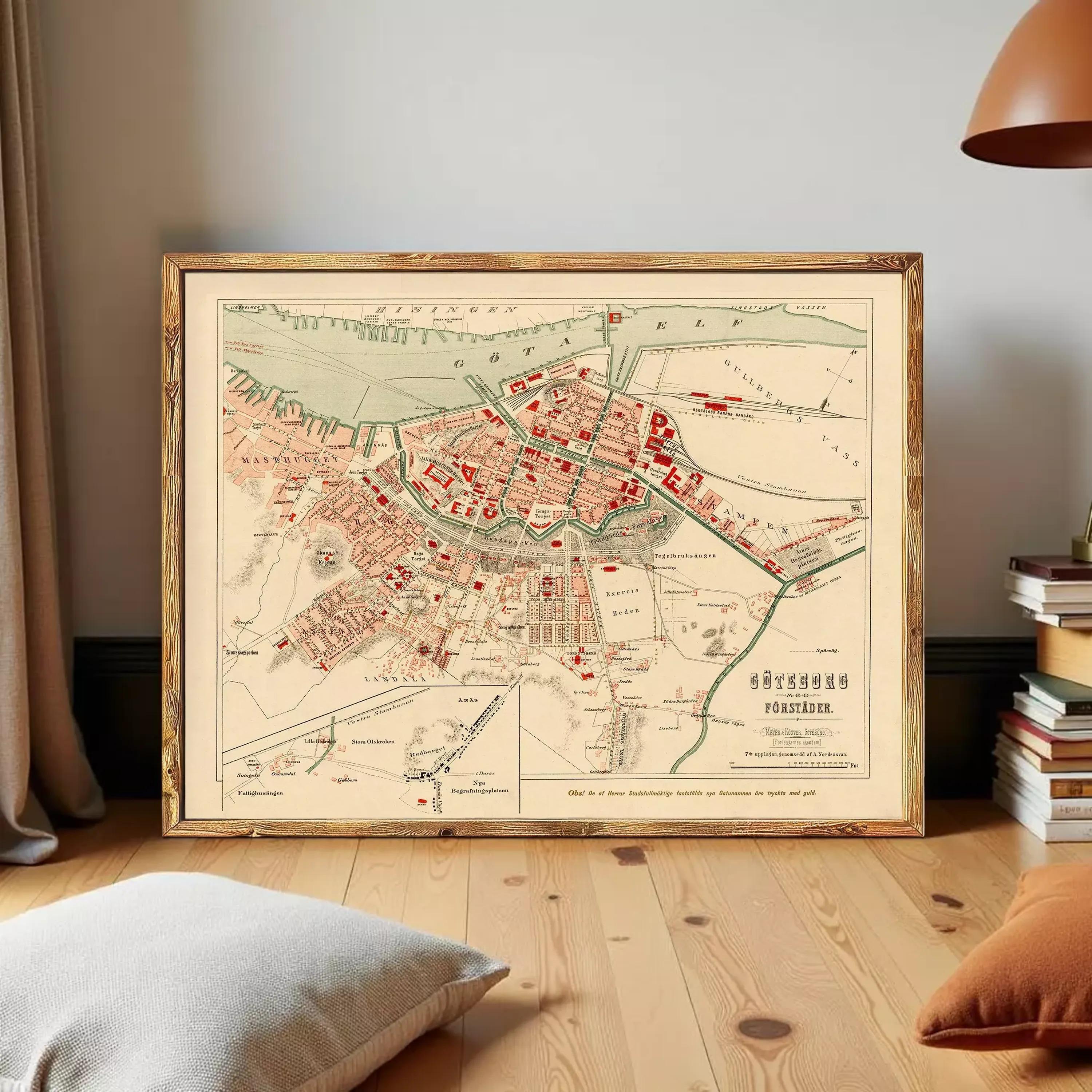 The image is a framed map of a city, likely for educational or historical purposes.