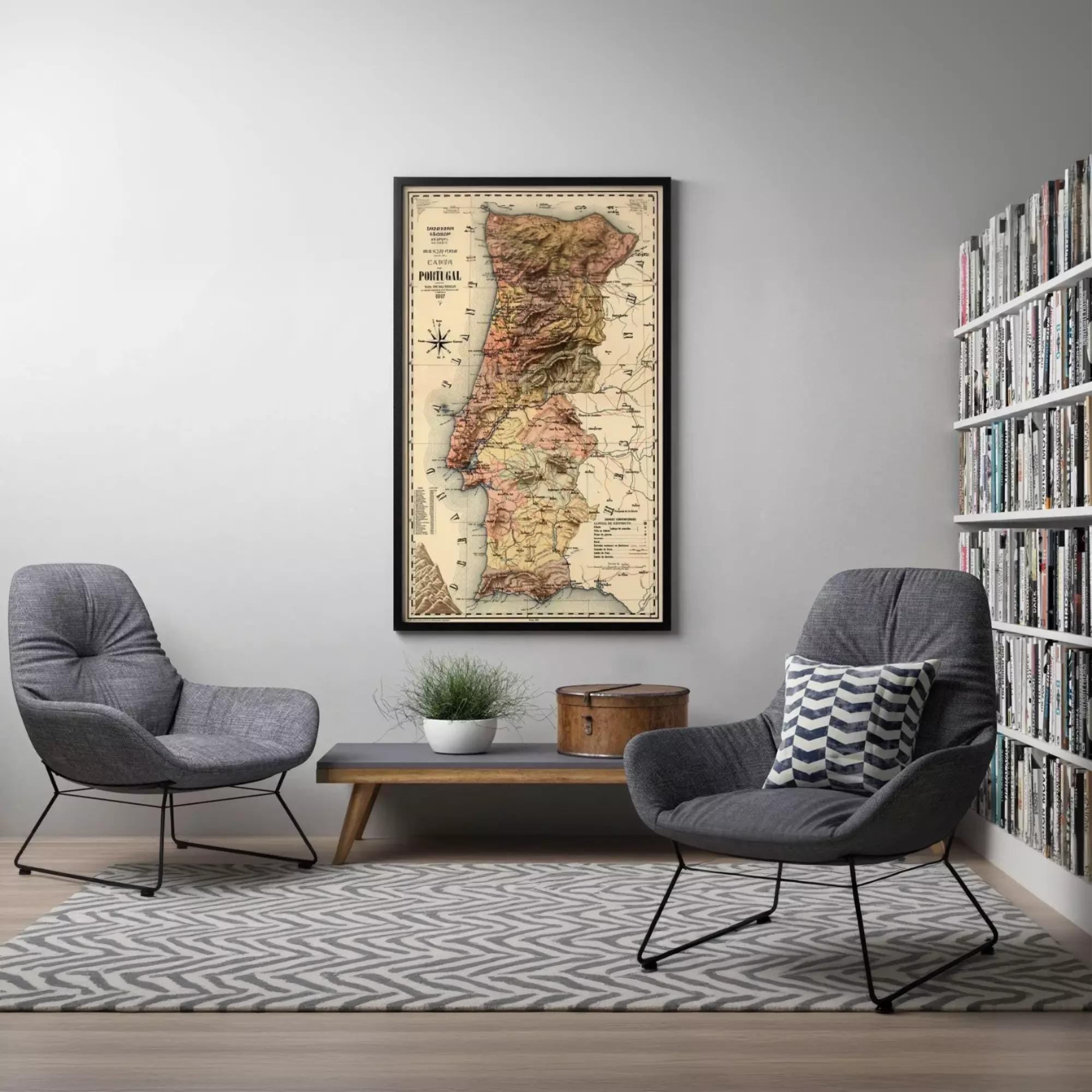 a cozy living room with a large framed map of Portugal hanging on the wall. The room is furnished with two gray armchairs and a wooden coffee table, creating a comfortable and inviting atmosphere.