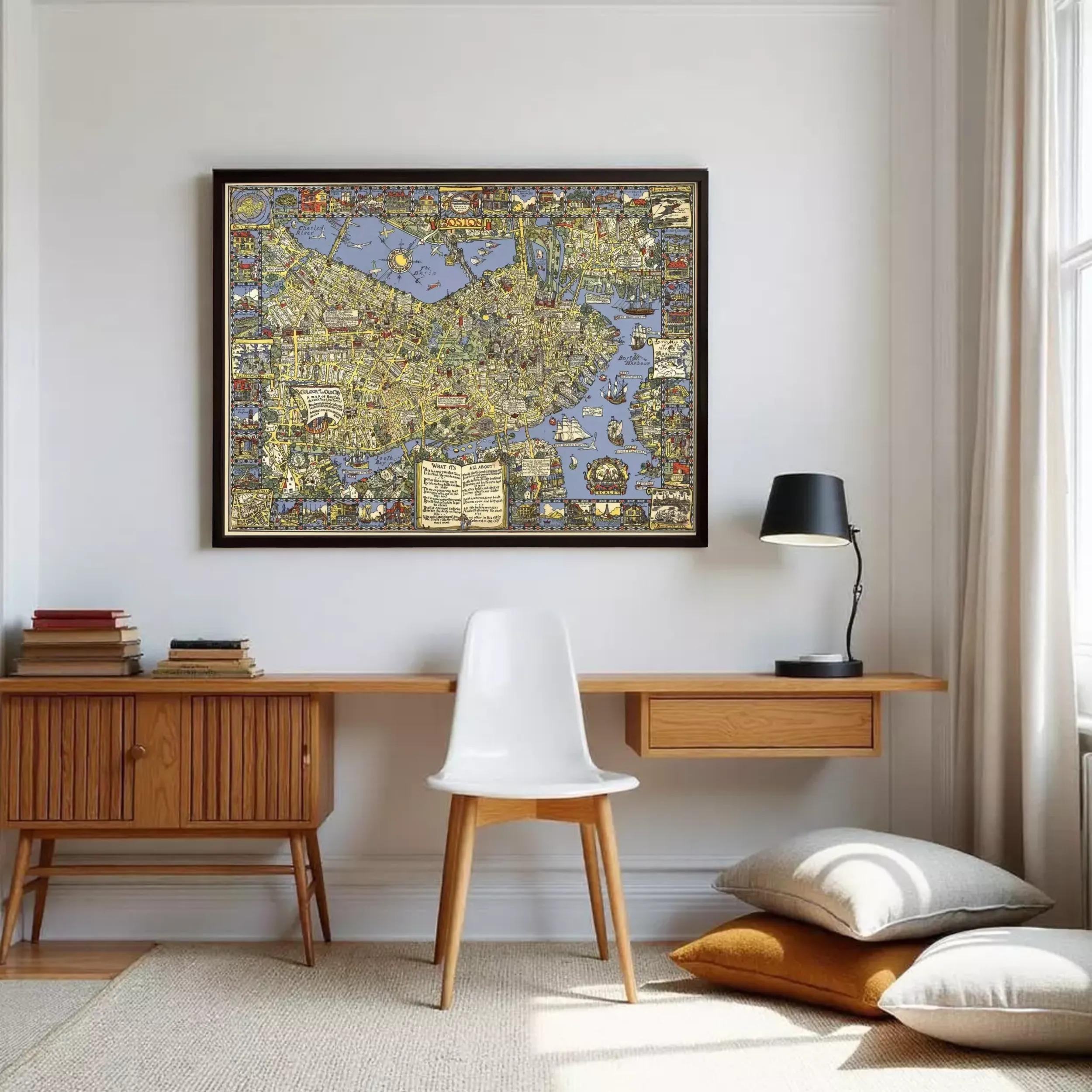 The image is a large framed map of London, England, with various landmarks and streets depicted in a detailed and colorful manner.