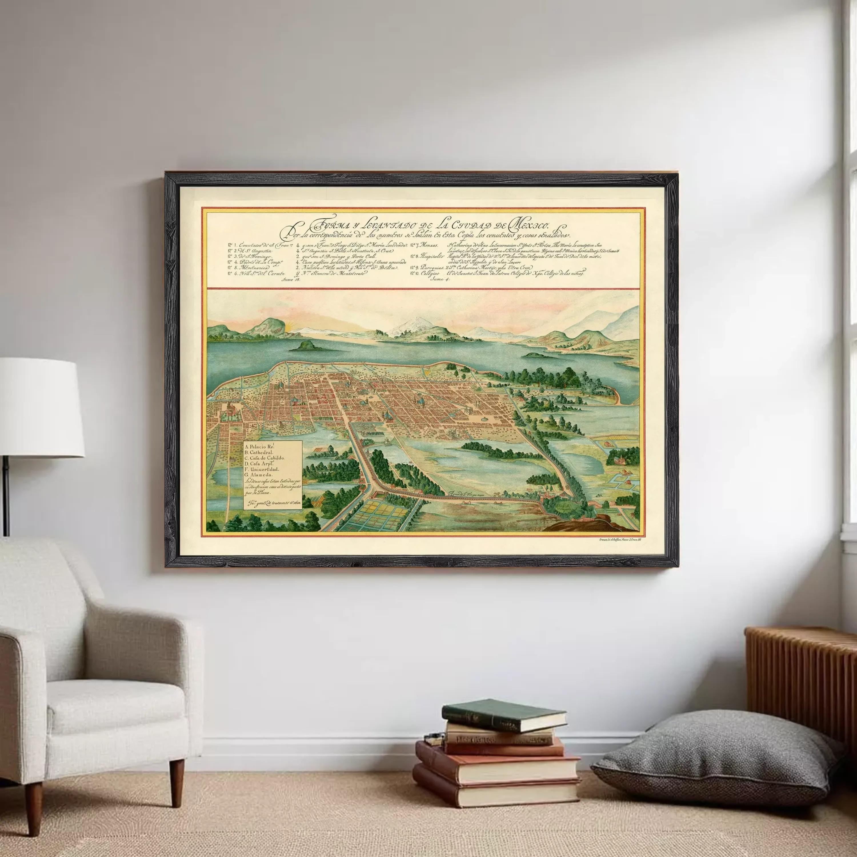 The image is a framed historical map of Mexico, depicting a city surrounded by mountains and lush greenery.