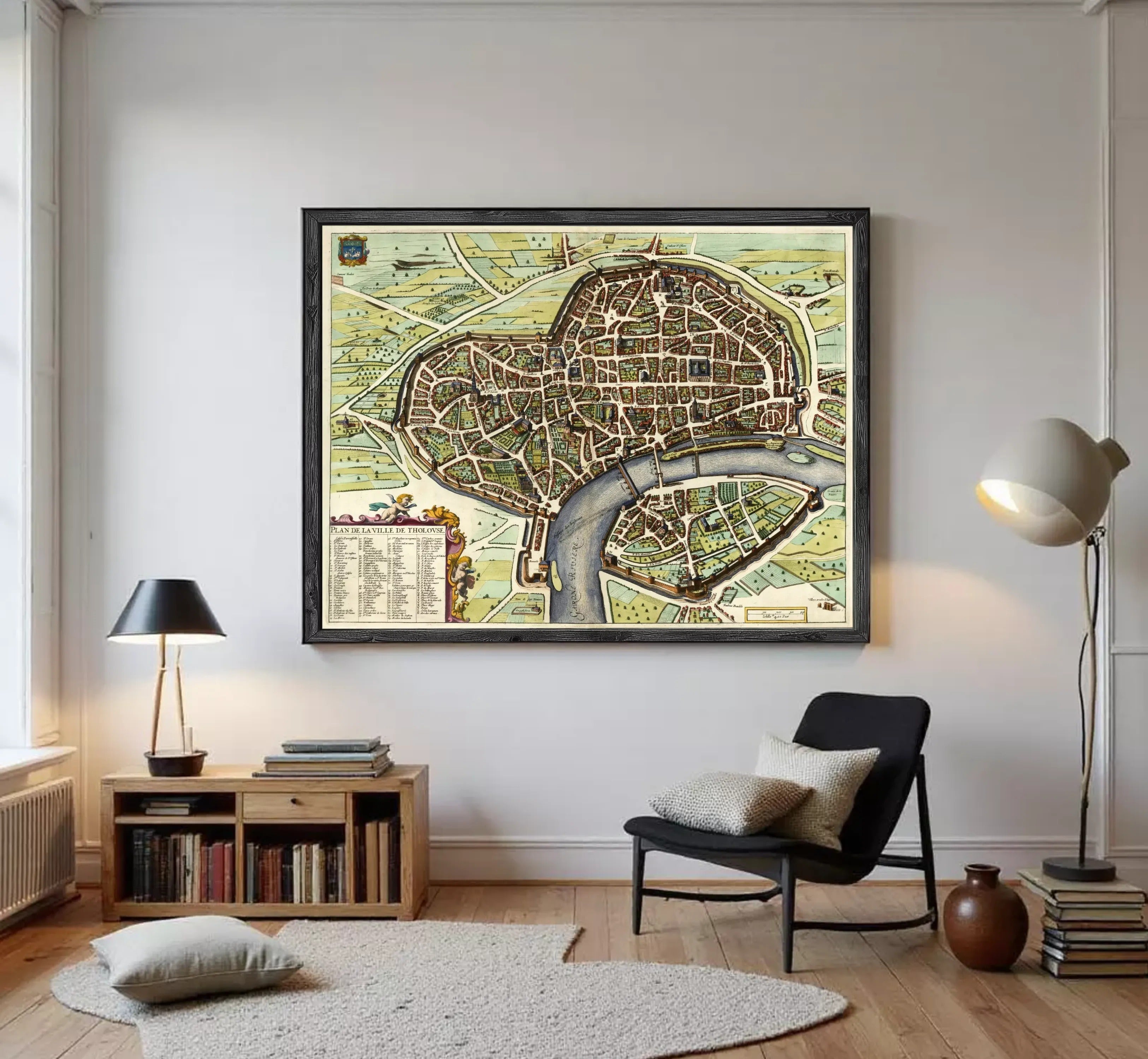The image is a framed vintage map of a city, depicting a detailed layout of streets, buildings, and other urban features.