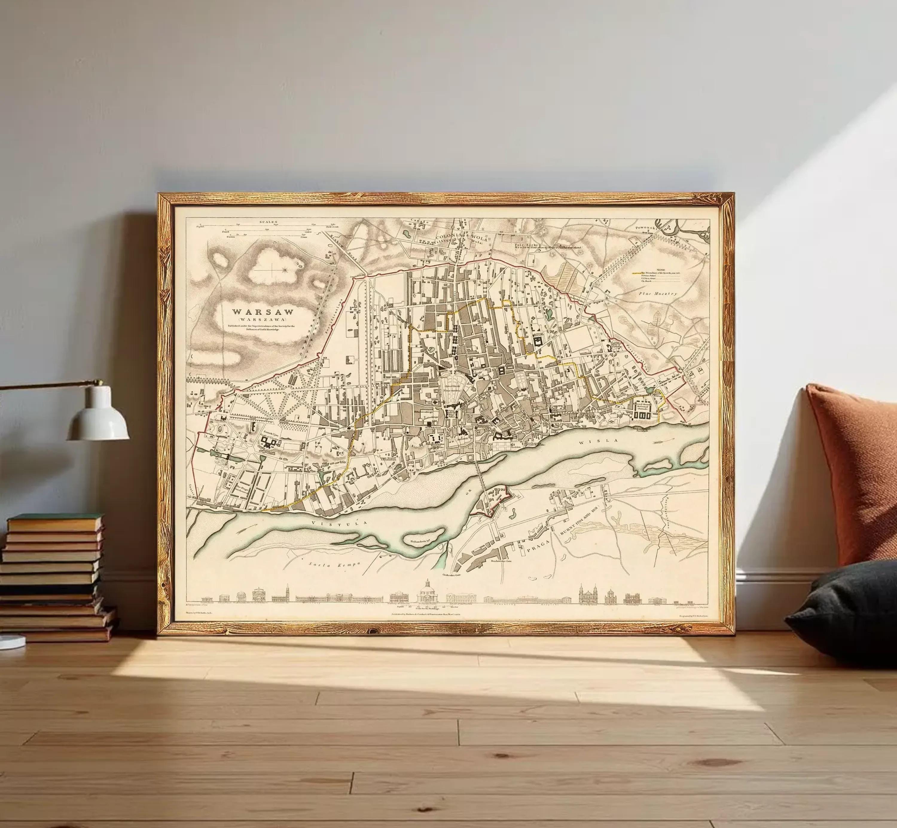 The image is a framed map of the city of Warsaw, Poland, depicting the city's layout and surrounding areas.