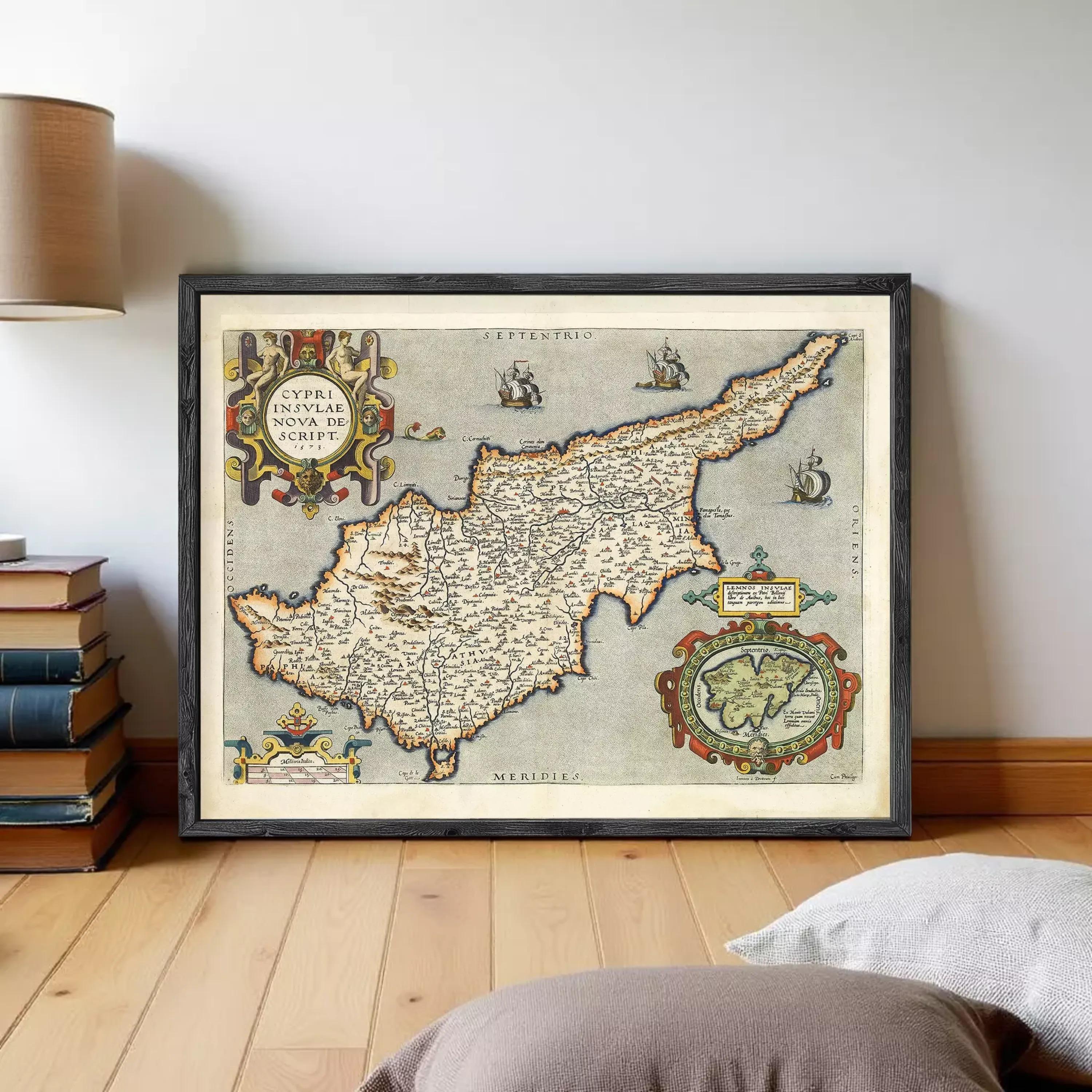 The image is a framed vintage map of the island of Cyprus, depicting the country's geographical layout and surrounding areas.