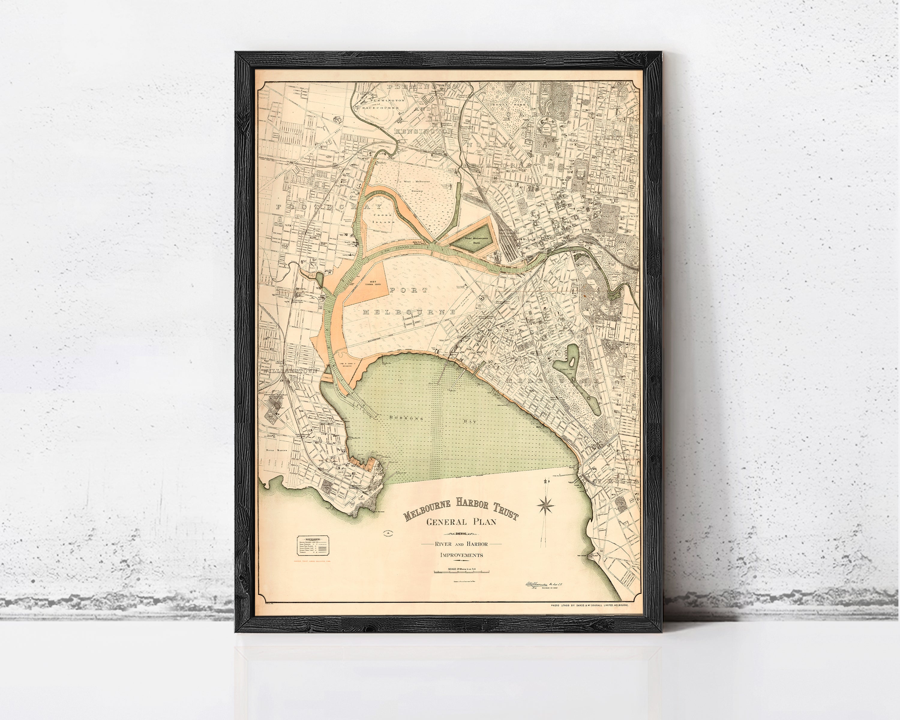 The image is a framed vintage map of Melbourne, Australia, depicting the city's general plan.