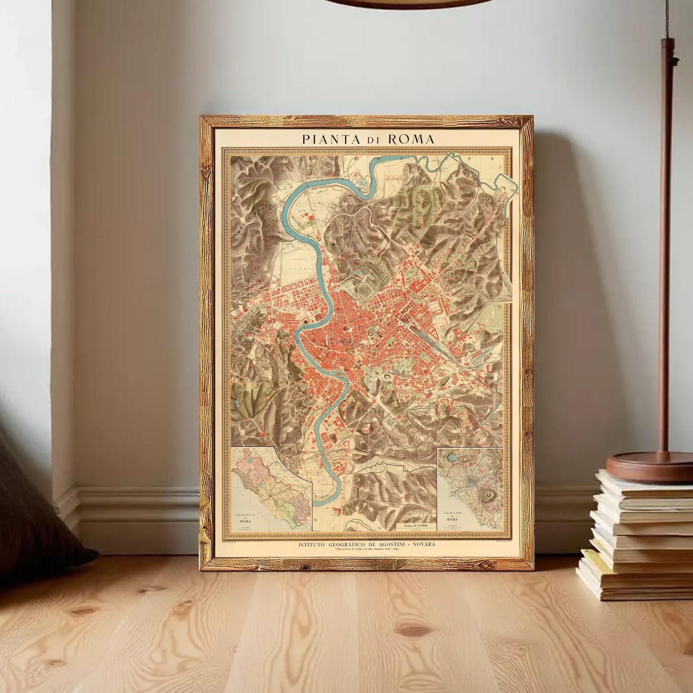 The image is a framed vintage map of Rome, Italy, depicting the city's layout and surrounding areas.