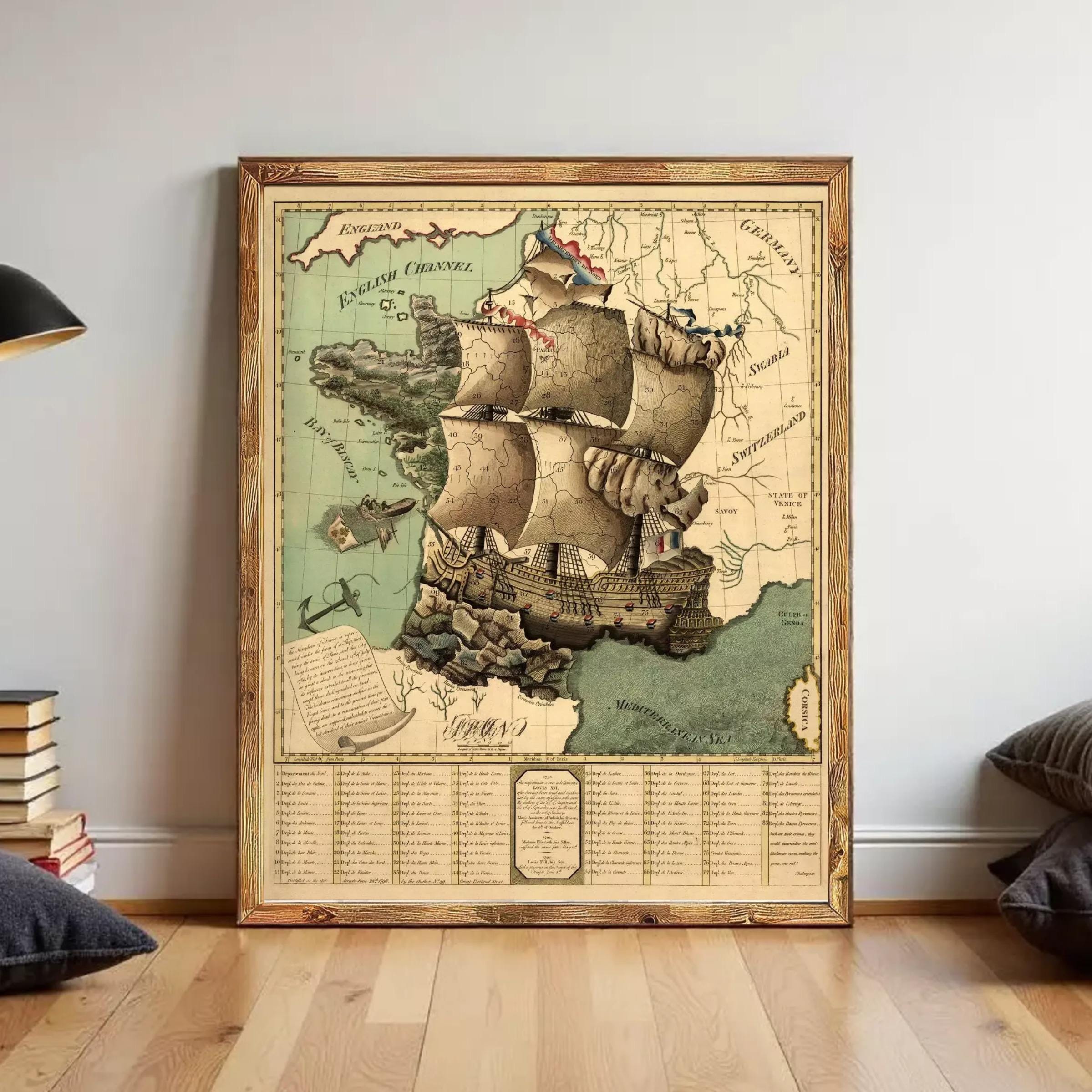 The image is a framed vintage map depicting a sailing ship on the ocean, with various geographical and nautical elements.