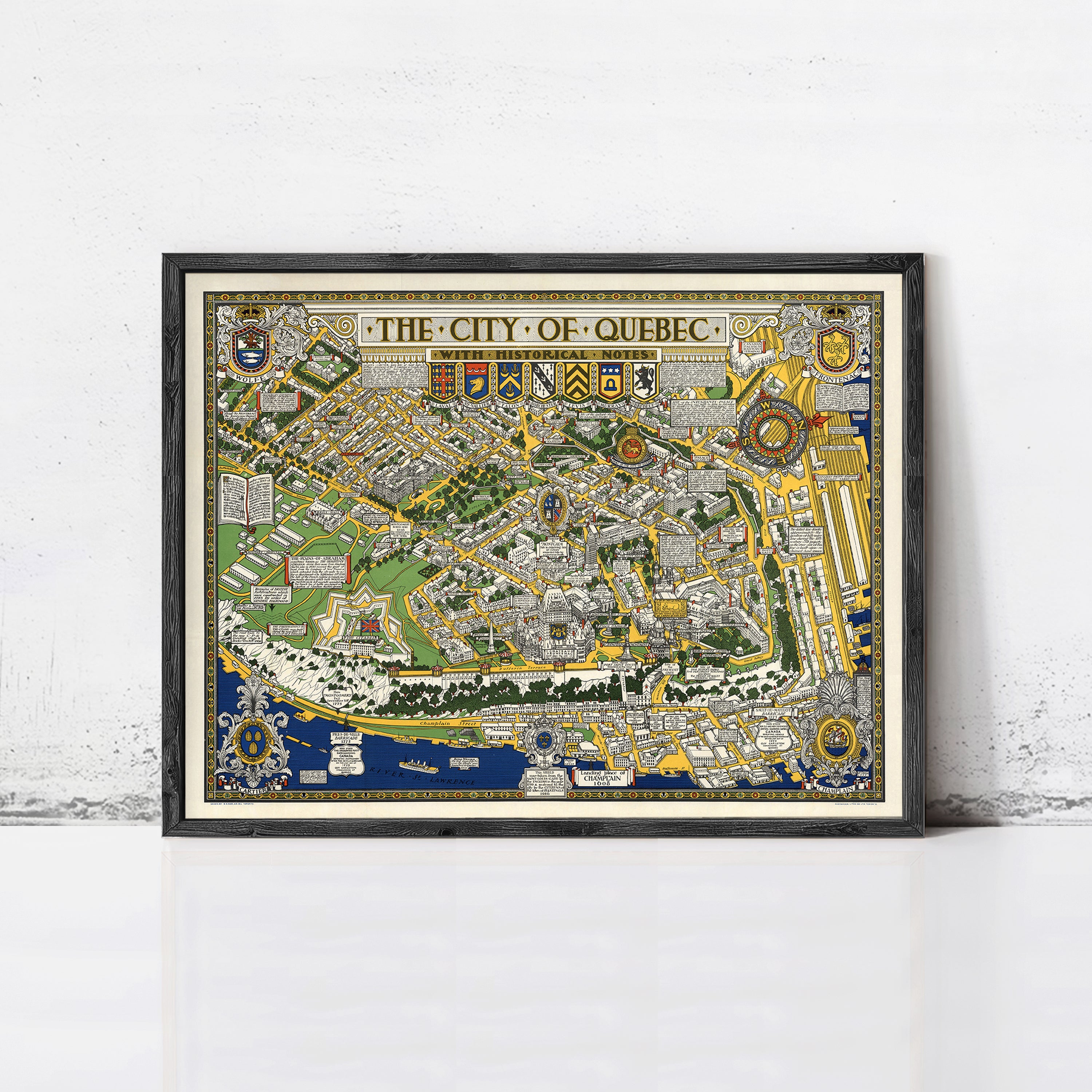 The image is a framed vintage map of the city of Quebec, Canada.