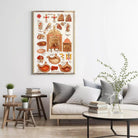 a living room with a large framed poster of anatomical illustrations hanging on the wall, a gray sofa with striped pillows, a coffee table with books and a vase of greenery, and a wooden stool in front of the sofa.