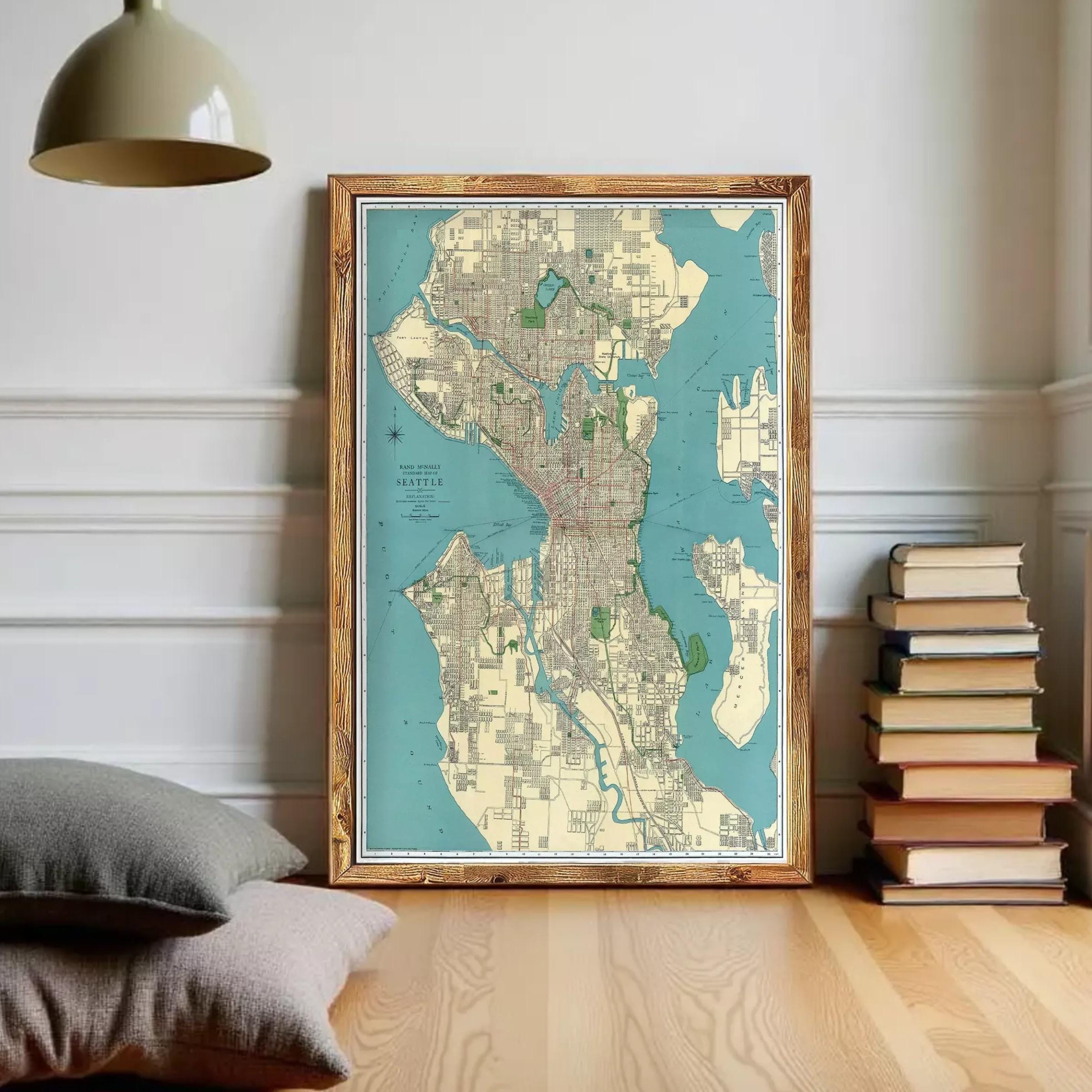 The image is a framed vintage map of Seattle, Washington, United States.