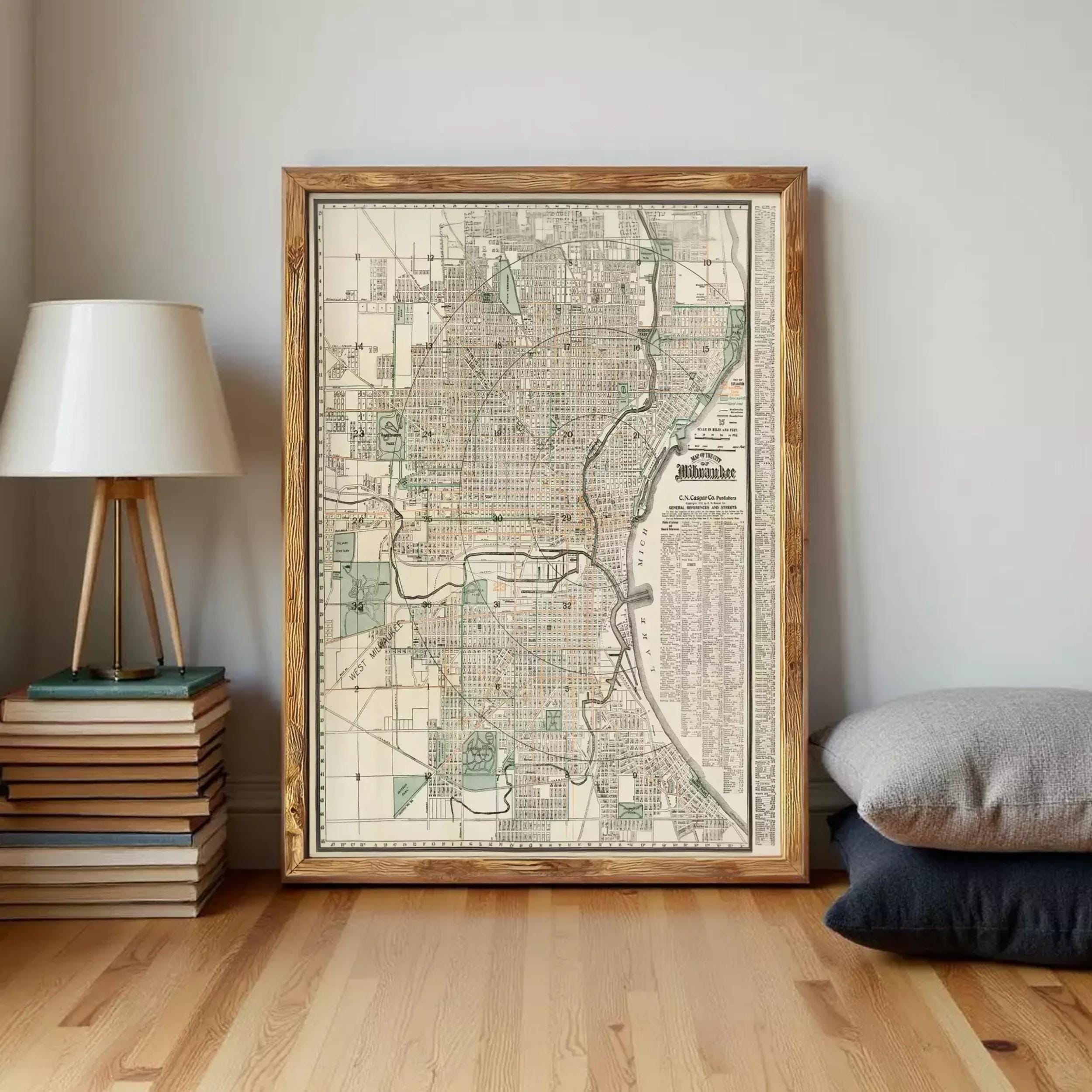 The image is a framed vintage map of a city, likely Chicago, Illinois, with detailed street and park information.