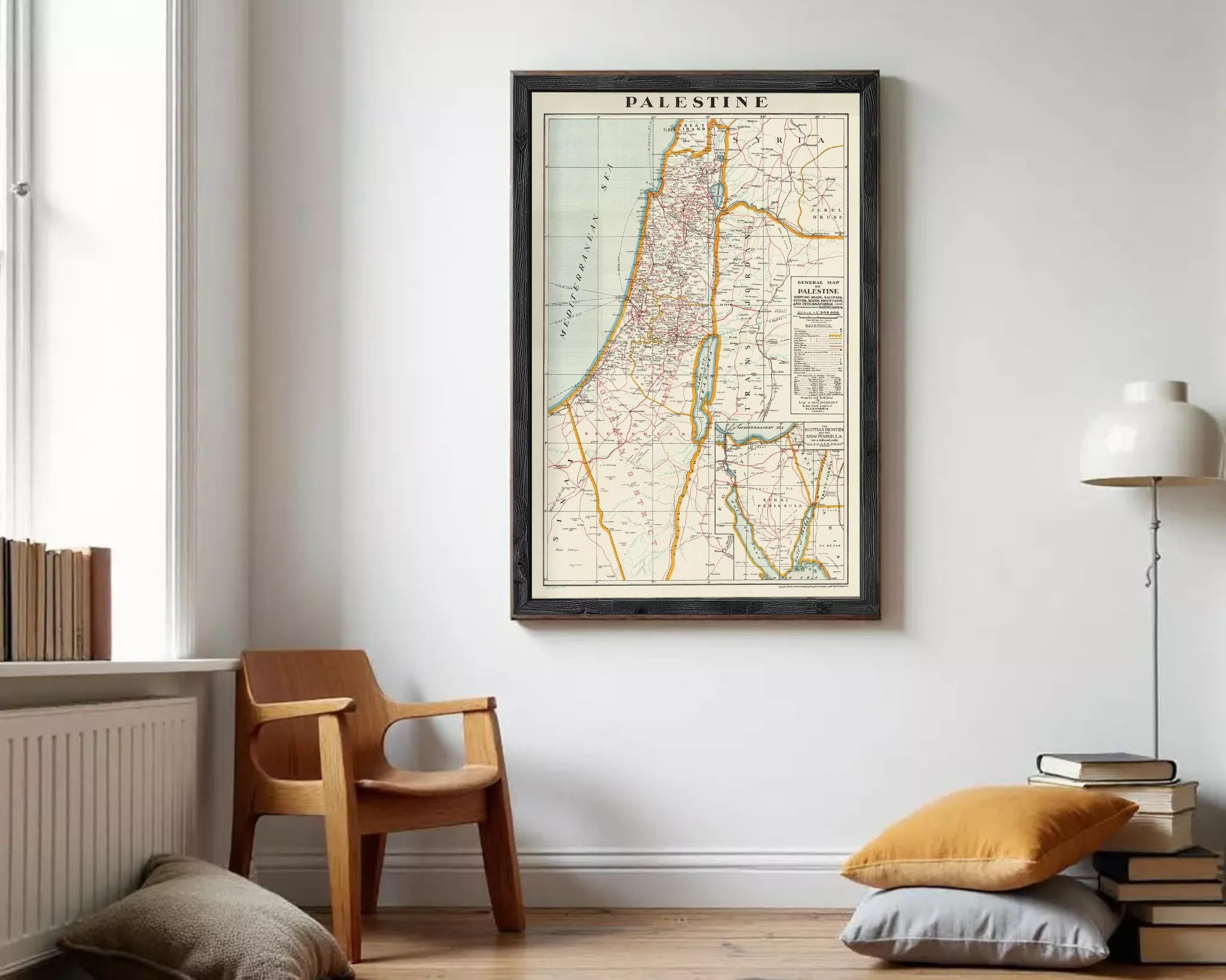 The image is a framed vintage map of Palestine, depicting the country's geographical layout and boundaries.