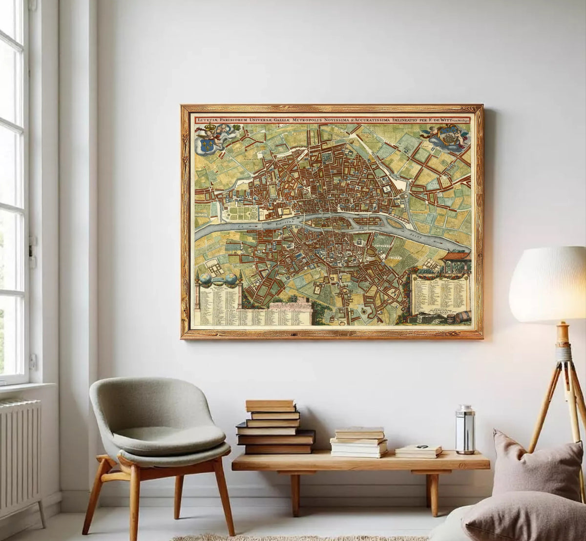 The image is a framed vintage map of a city, likely Paris, with detailed illustrations and labels.