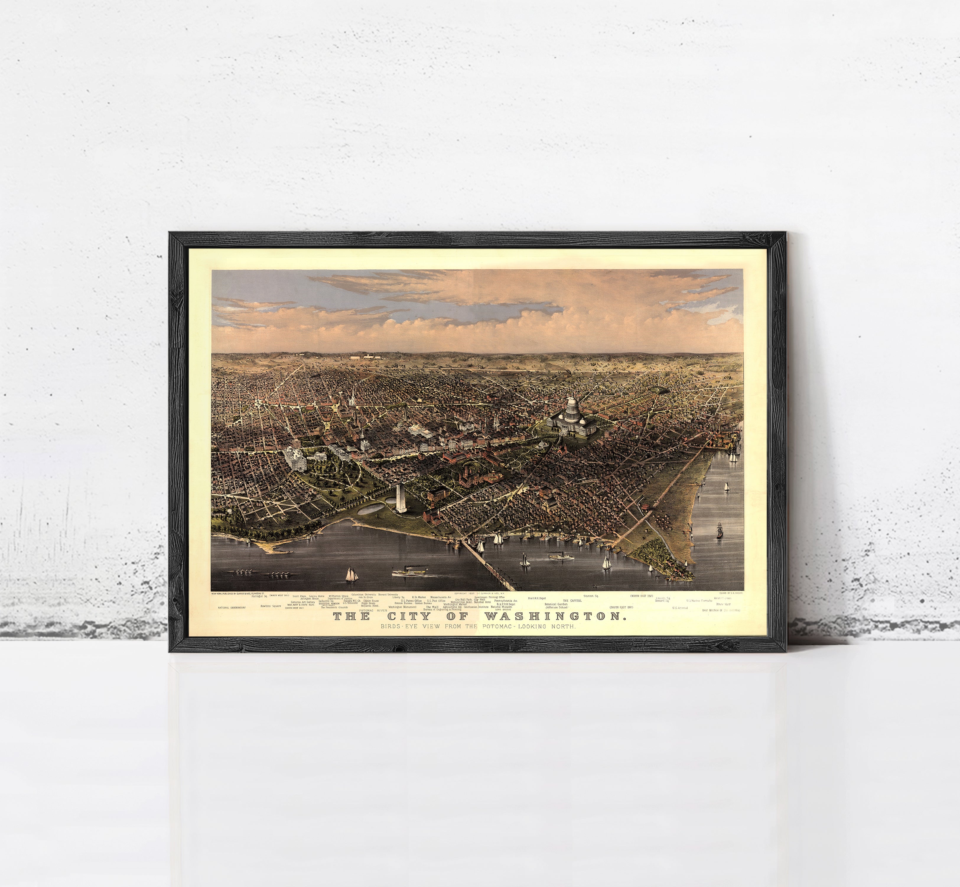 The image is a framed vintage map of Washington, D.C., depicting the city's layout and surrounding areas.