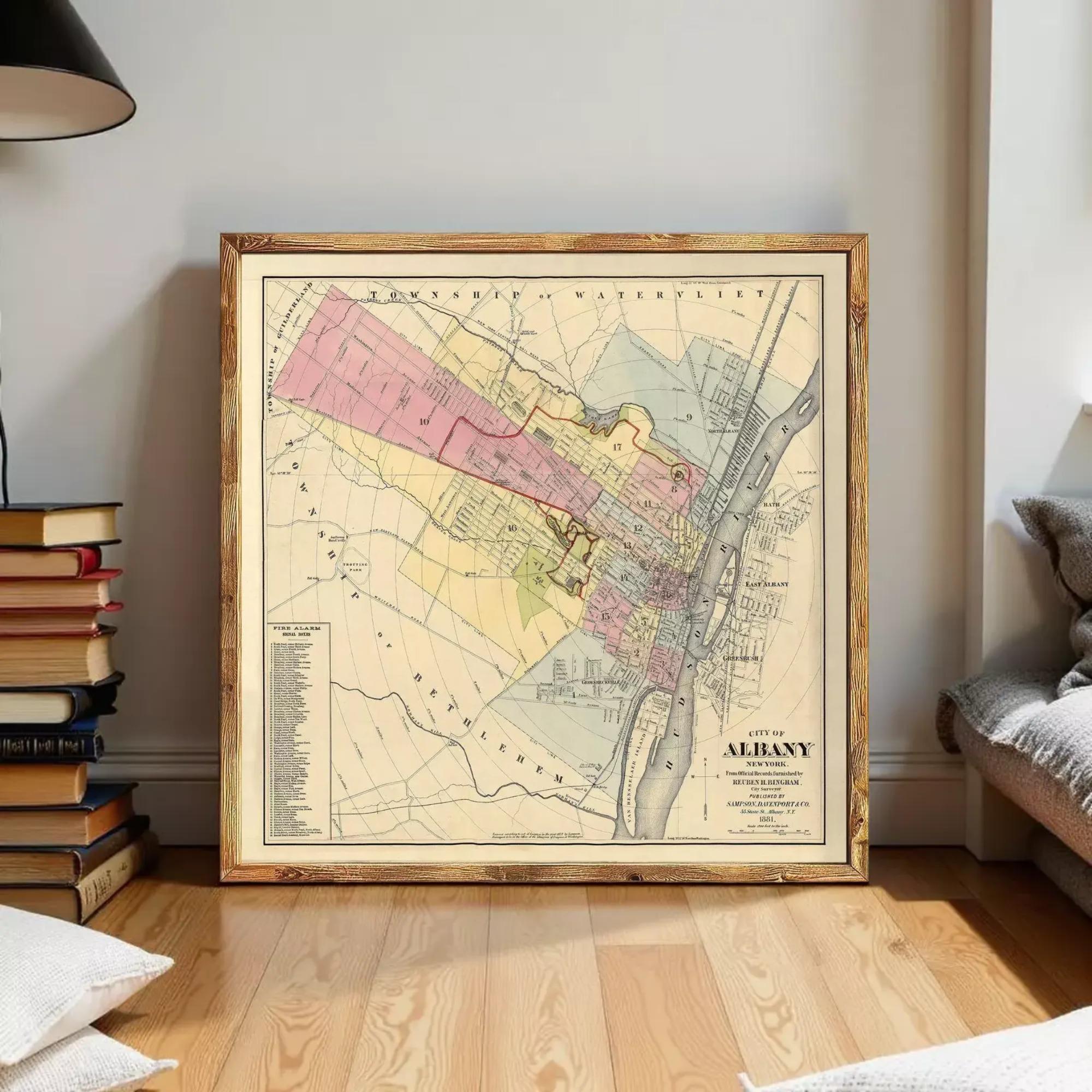 The image is a framed vintage map of the city of Albany, New York, depicting the town's layout and surrounding areas.