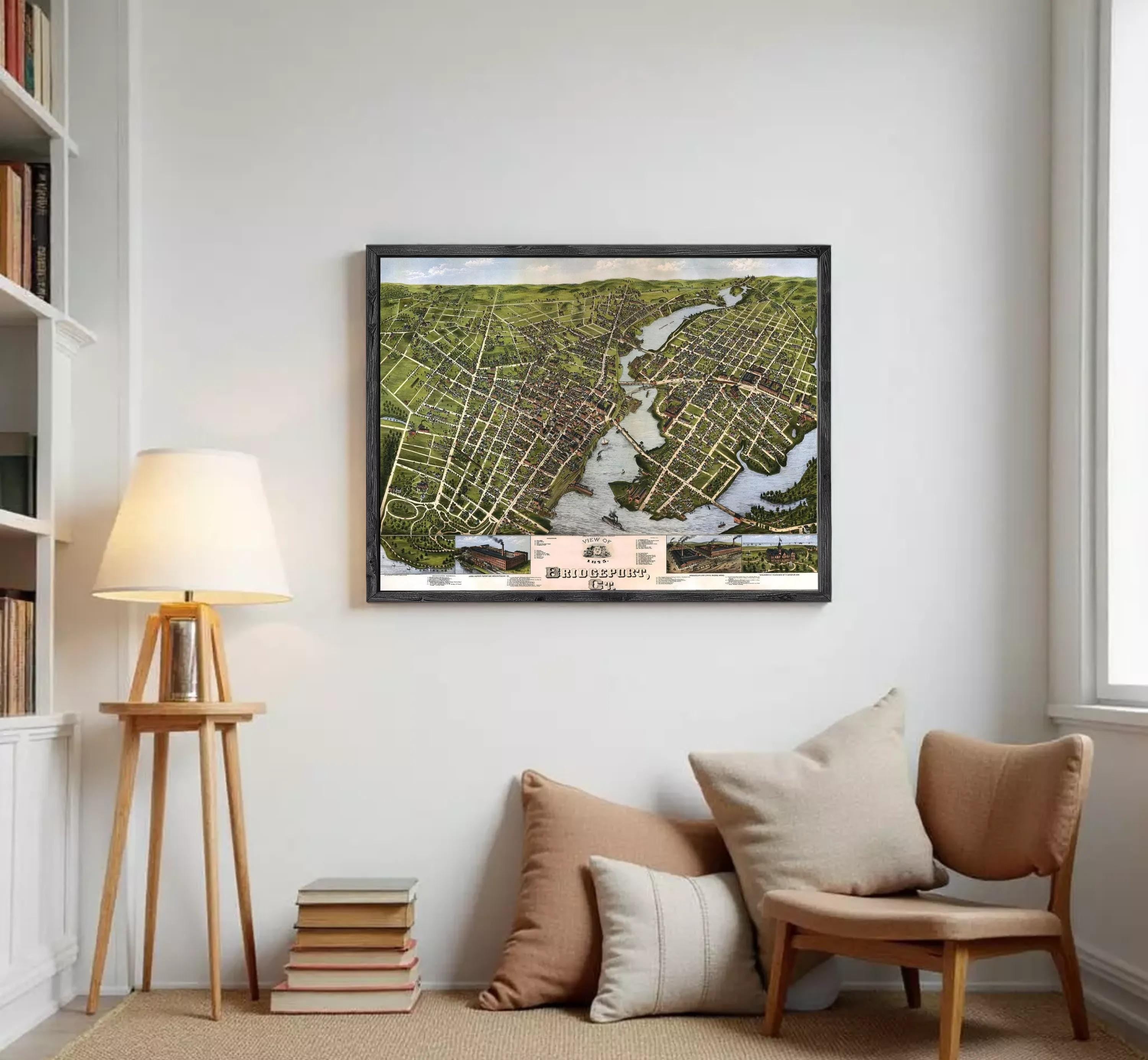 The image is a framed map of Bridgeport, Connecticut, depicting the city's layout and surrounding areas.