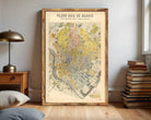 The image is a framed vintage map of Madrid, Spain, depicting the city's layout and surrounding areas.