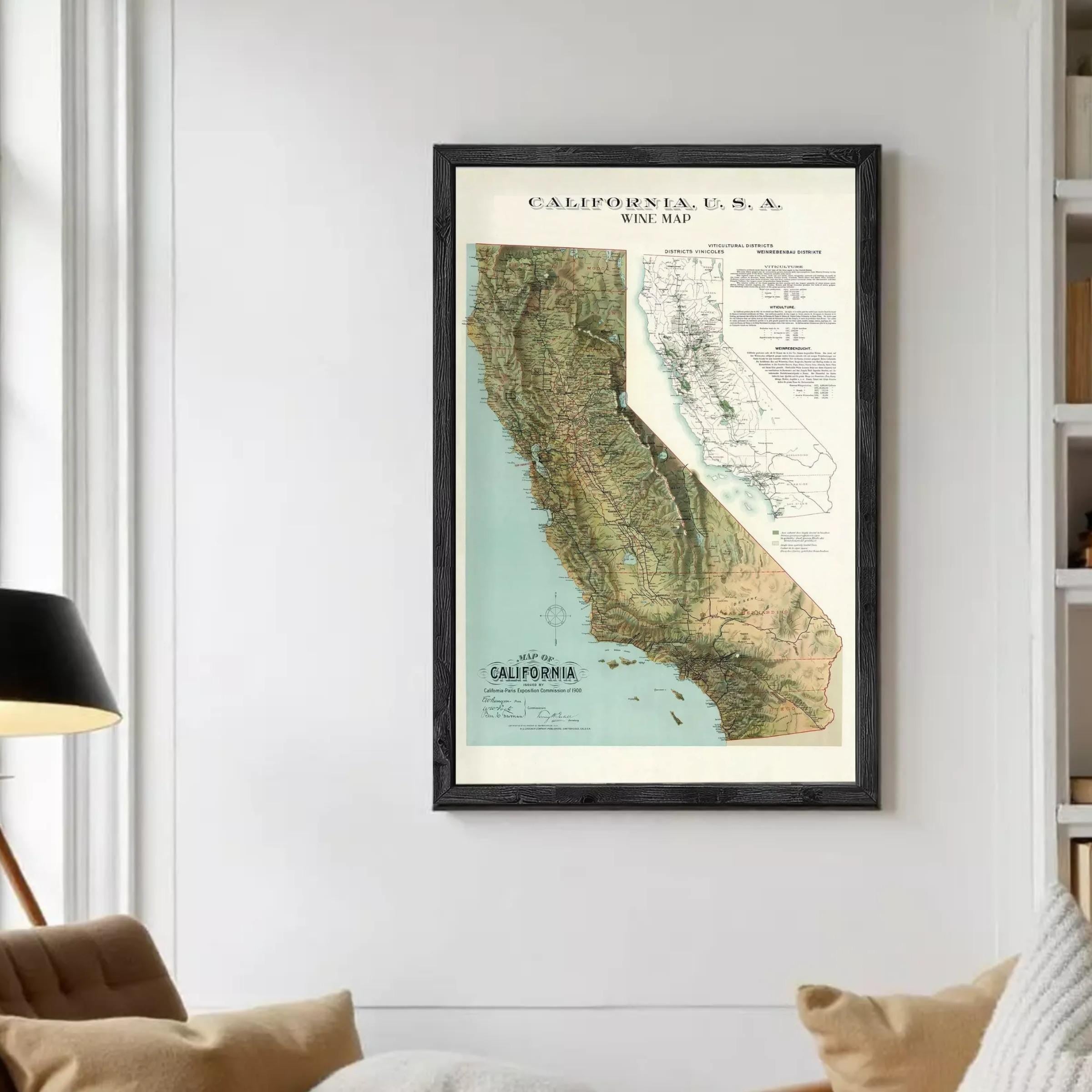 The image is a framed vintage map of California, United States, depicting the state's geographical layout and wine production areas.