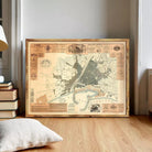 a large framed map of a city, with various texts and labels providing information about the city's layout and features.