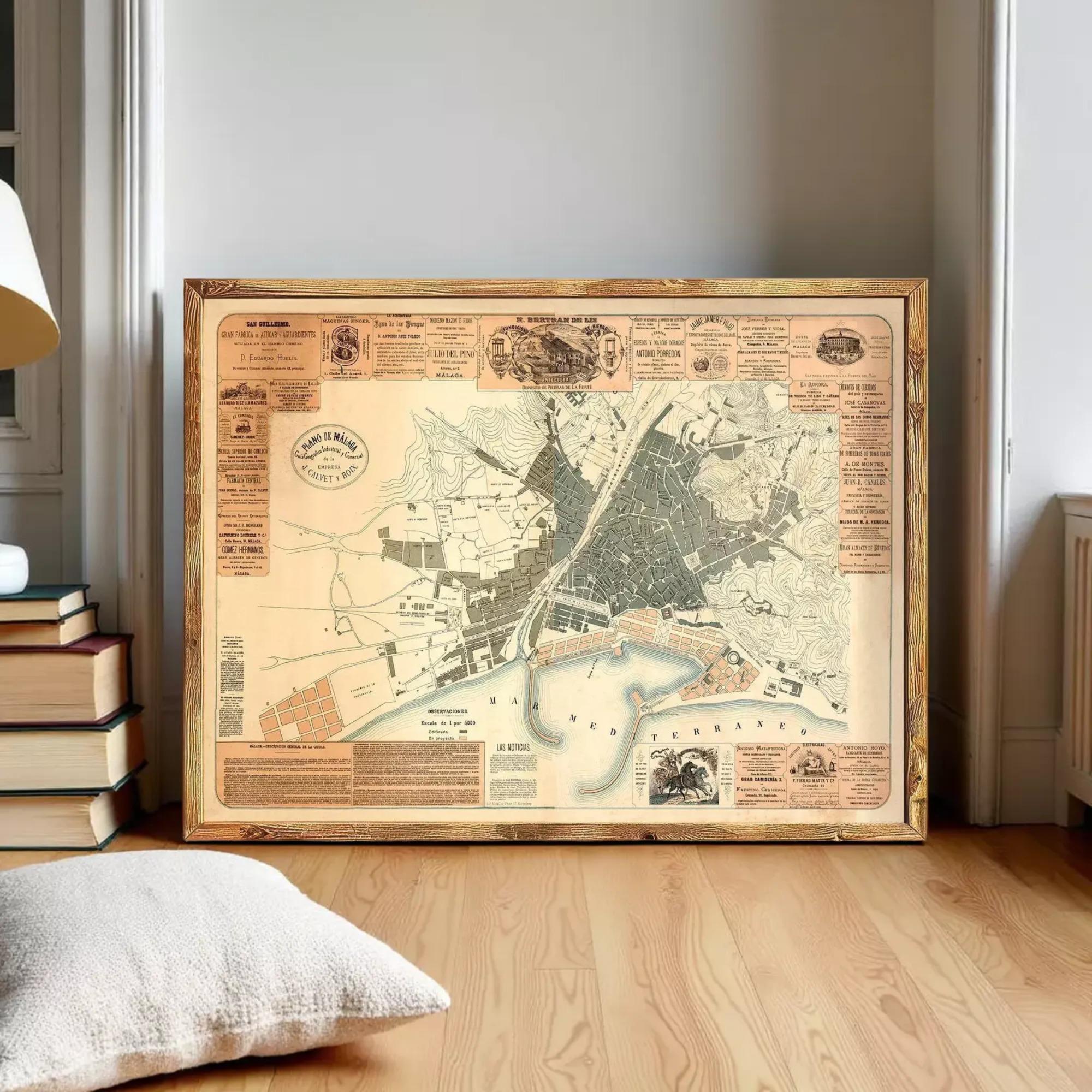 a large framed map of a city, with various texts and labels providing information about the city's layout and features.