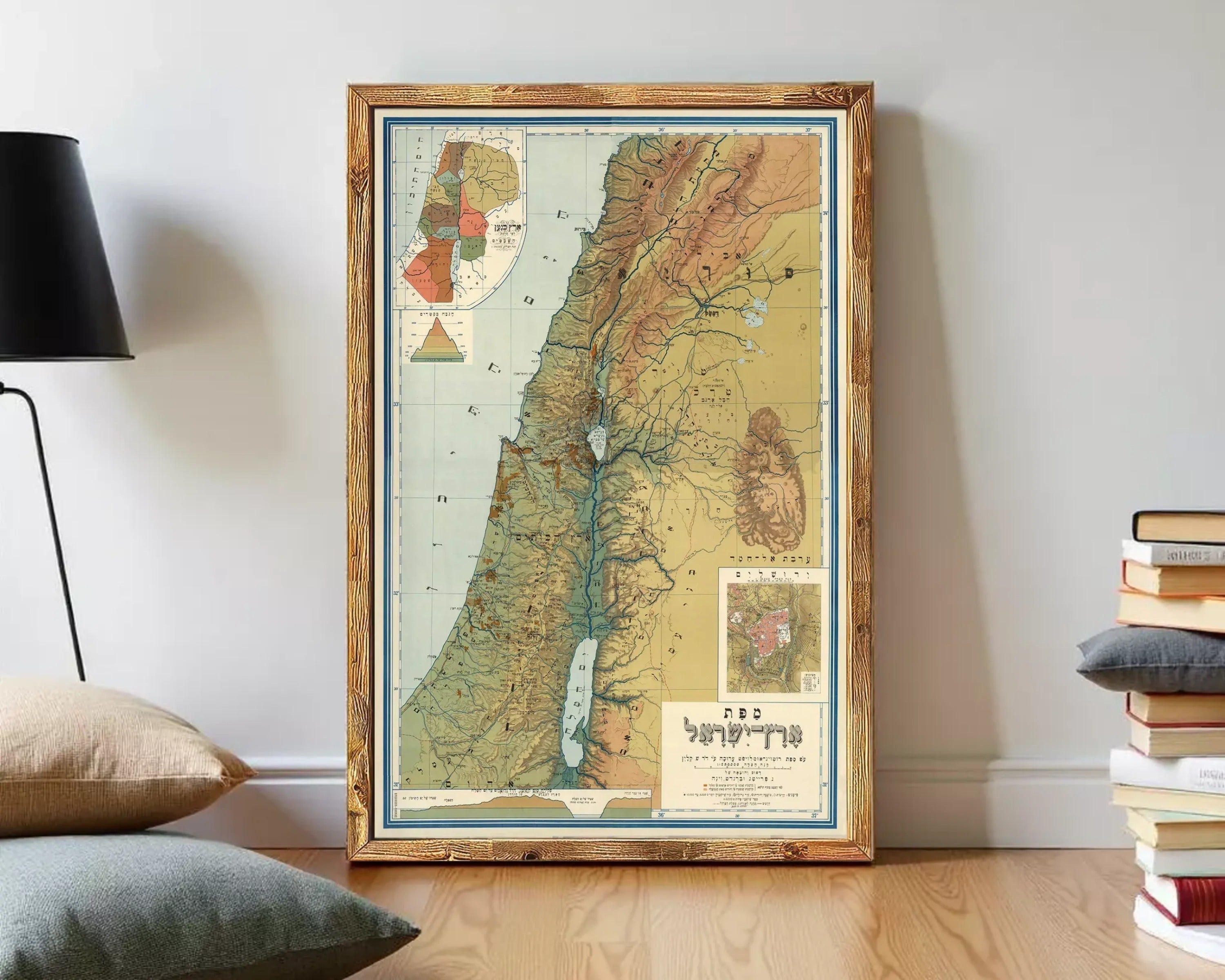 The image is a framed map of the Middle East, specifically focusing on the region of Israel.