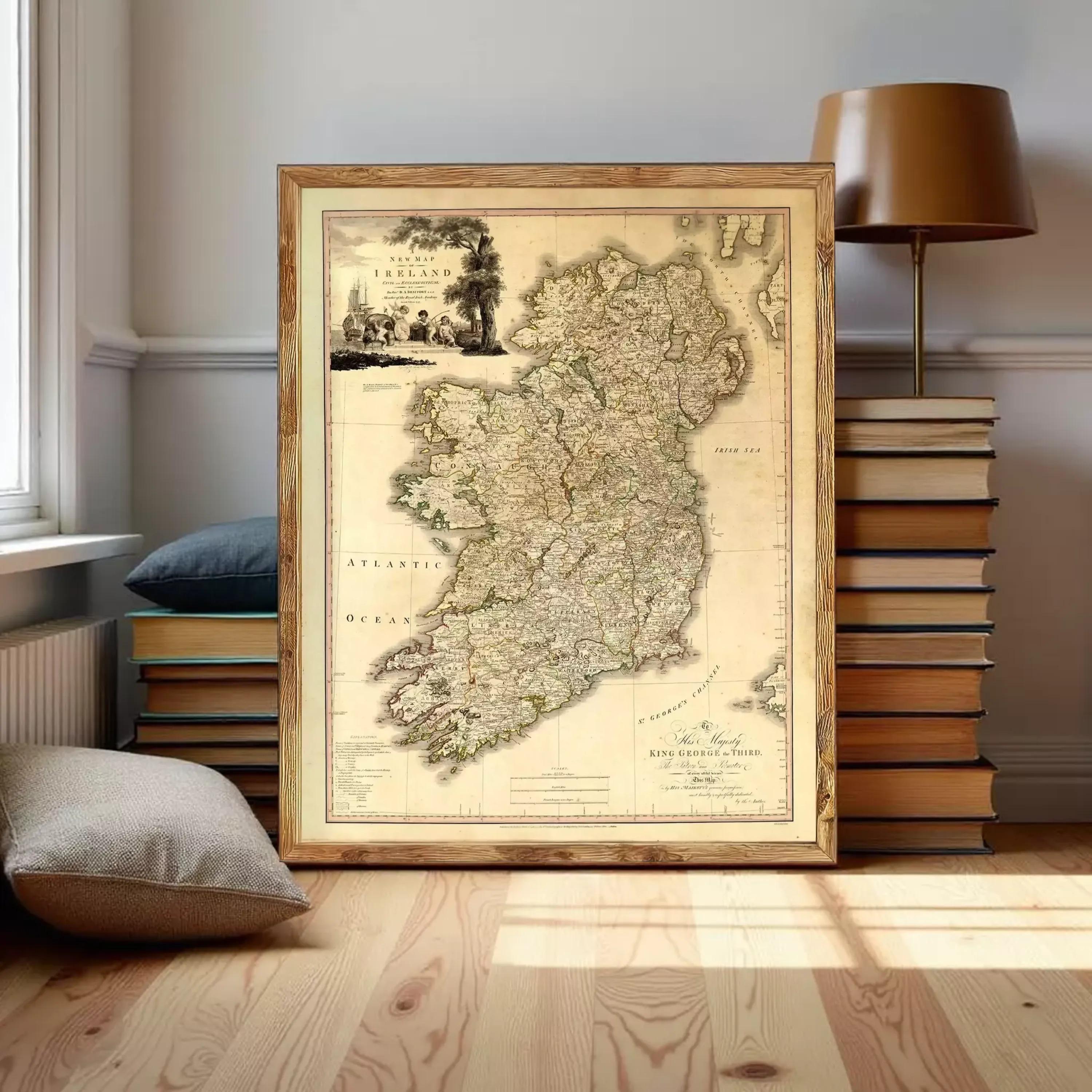 a large framed map of Ireland, with a lamp and a stack of books visible in the background.