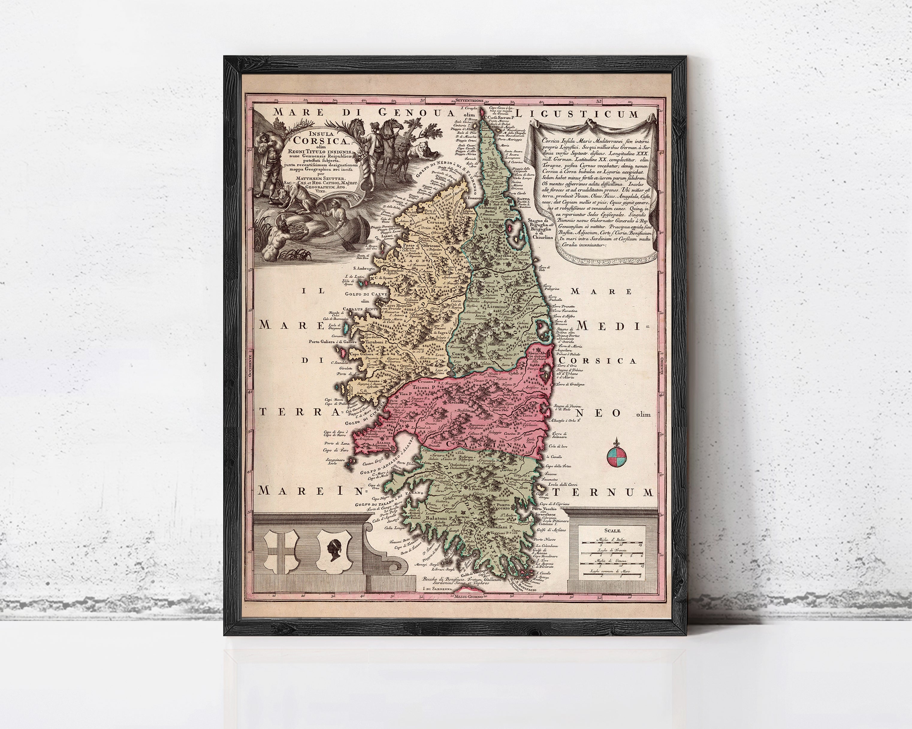 The image is a framed antique map of a region, likely a map of Europe or the Mediterranean, with various labels and details.