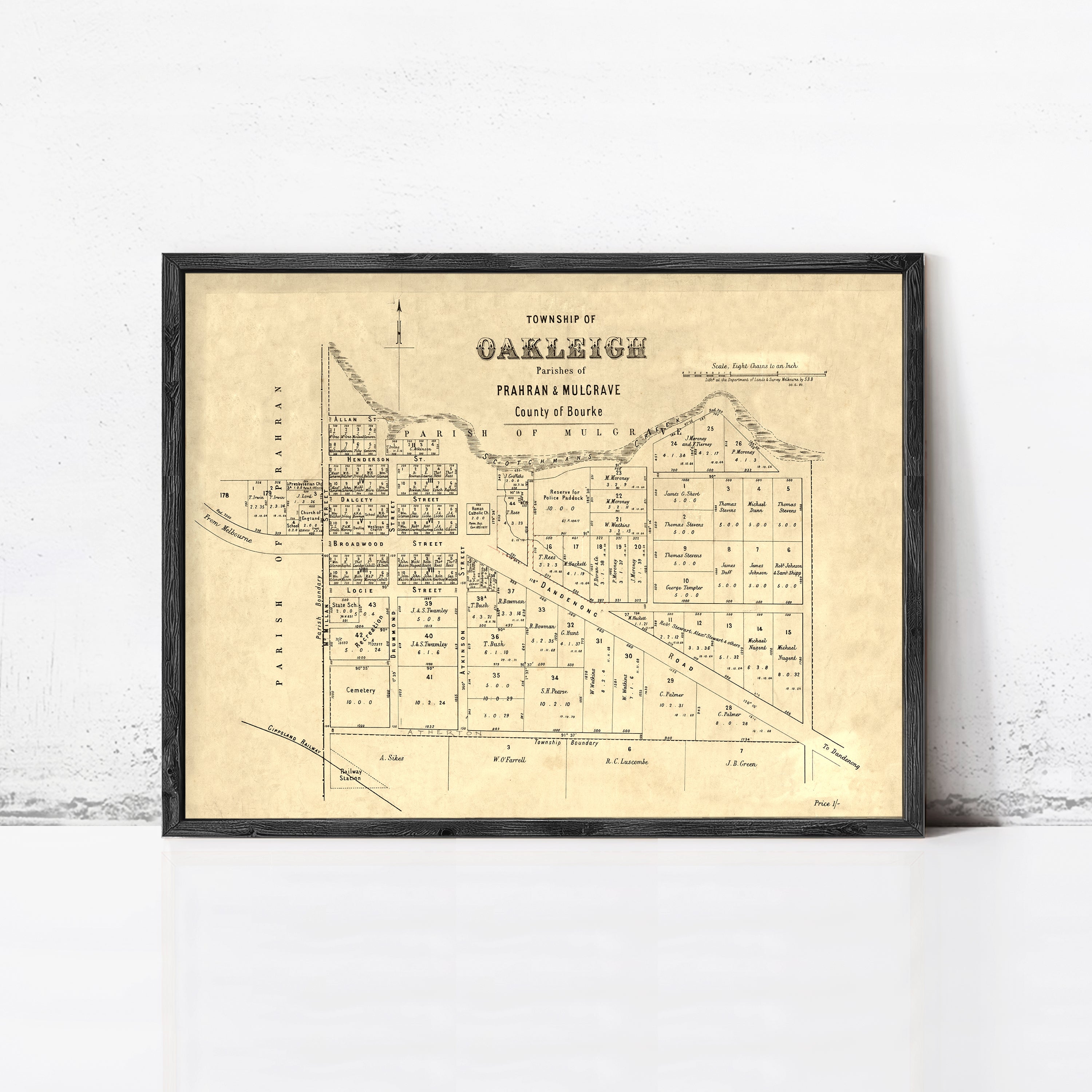 The image is a framed historical map of Oakleigh, Prahran & Mullave, County of scratches.