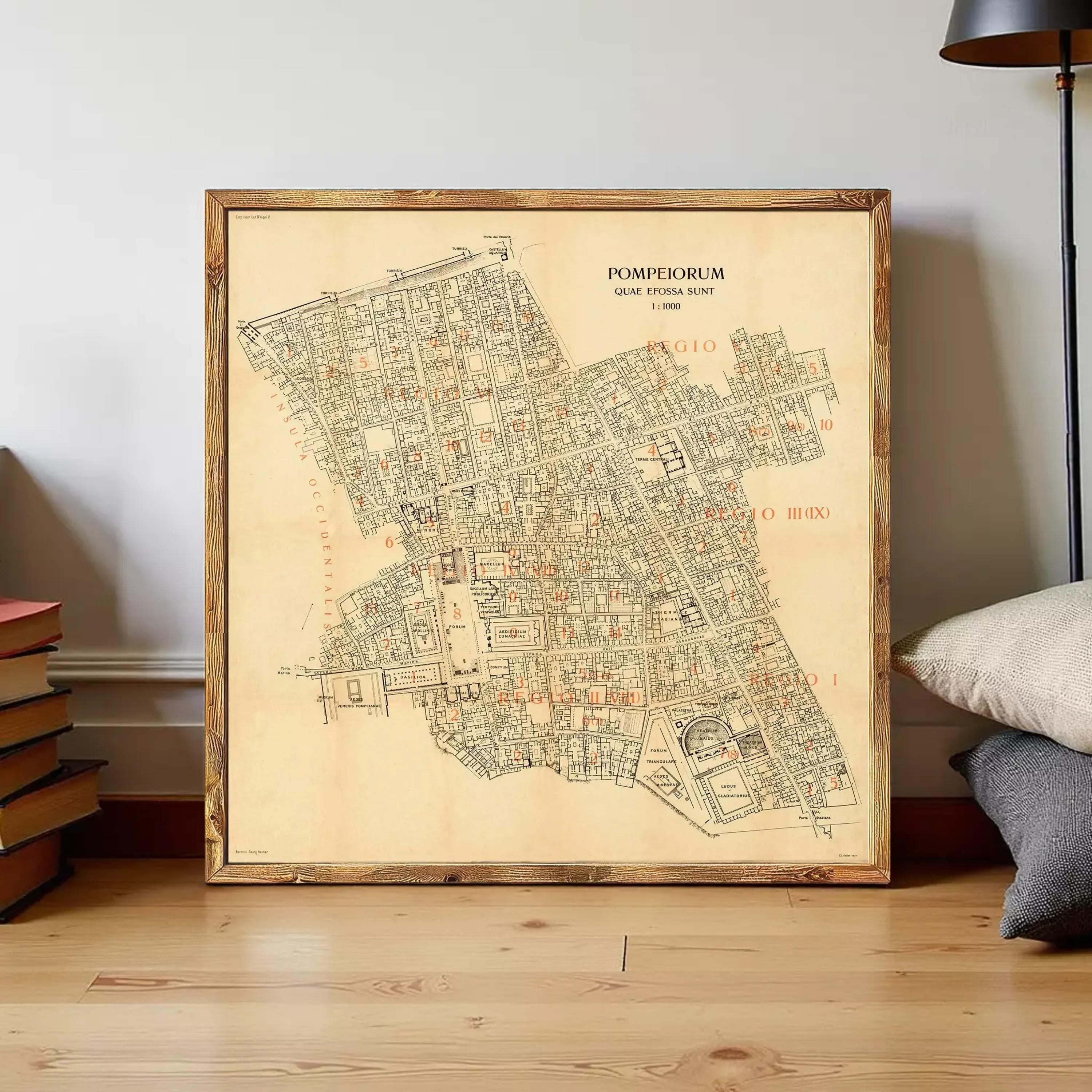 The image is a framed map of the city of Pompeii, Italy, depicting the layout and layout of the city in a detailed and historical manner.