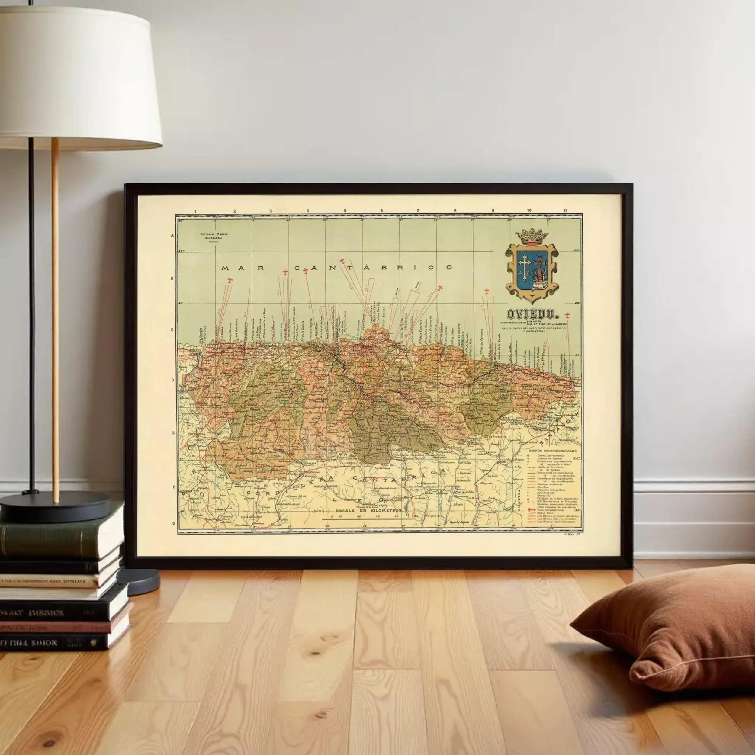 The image is a framed vintage map of the Marches region, which includes the town of Oviado.