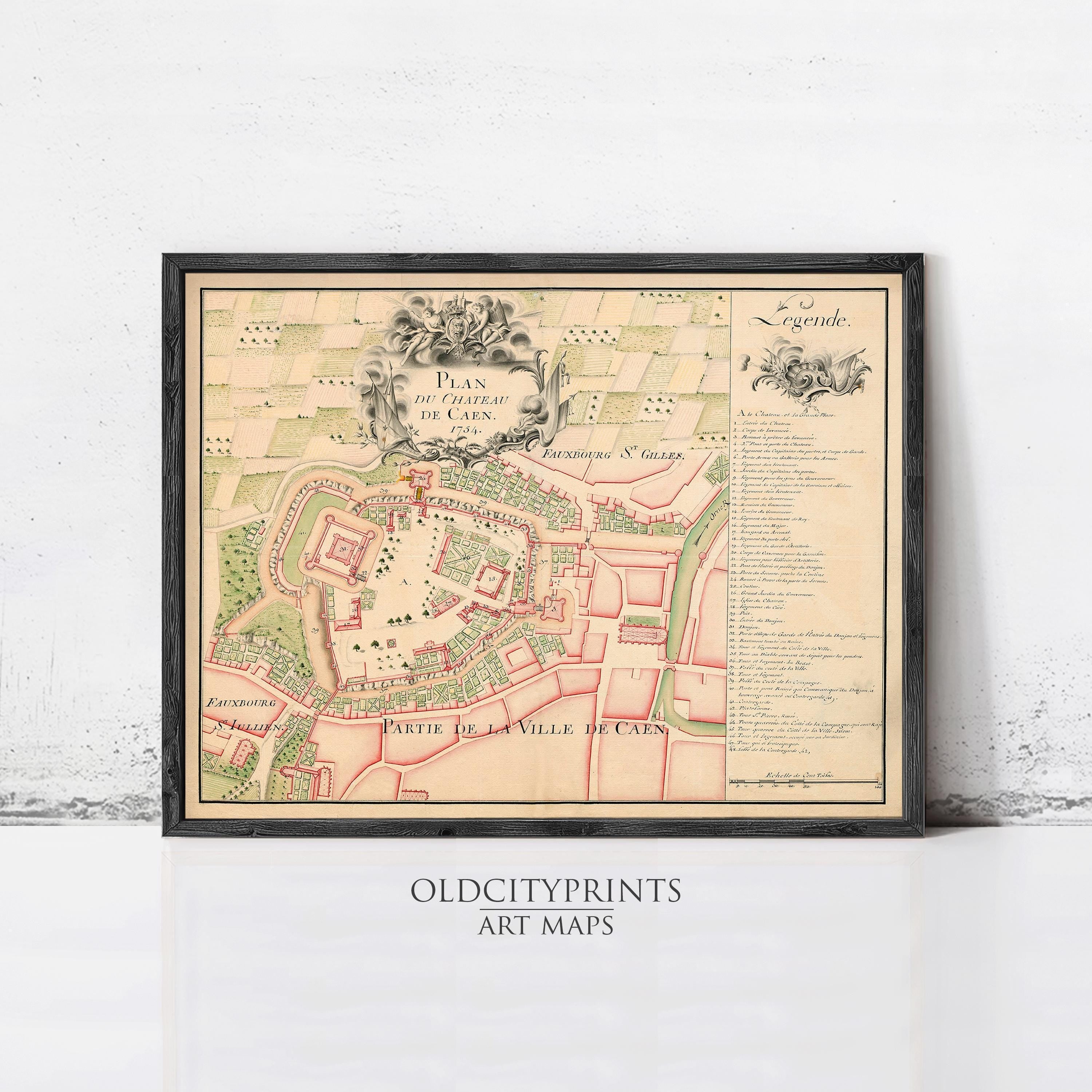 The image is a framed vintage map of the city of Caen, France, depicting the layout of the city and its surrounding areas.