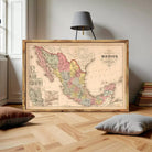 a large framed map of Mexico, with a lamp and some books in the background.
