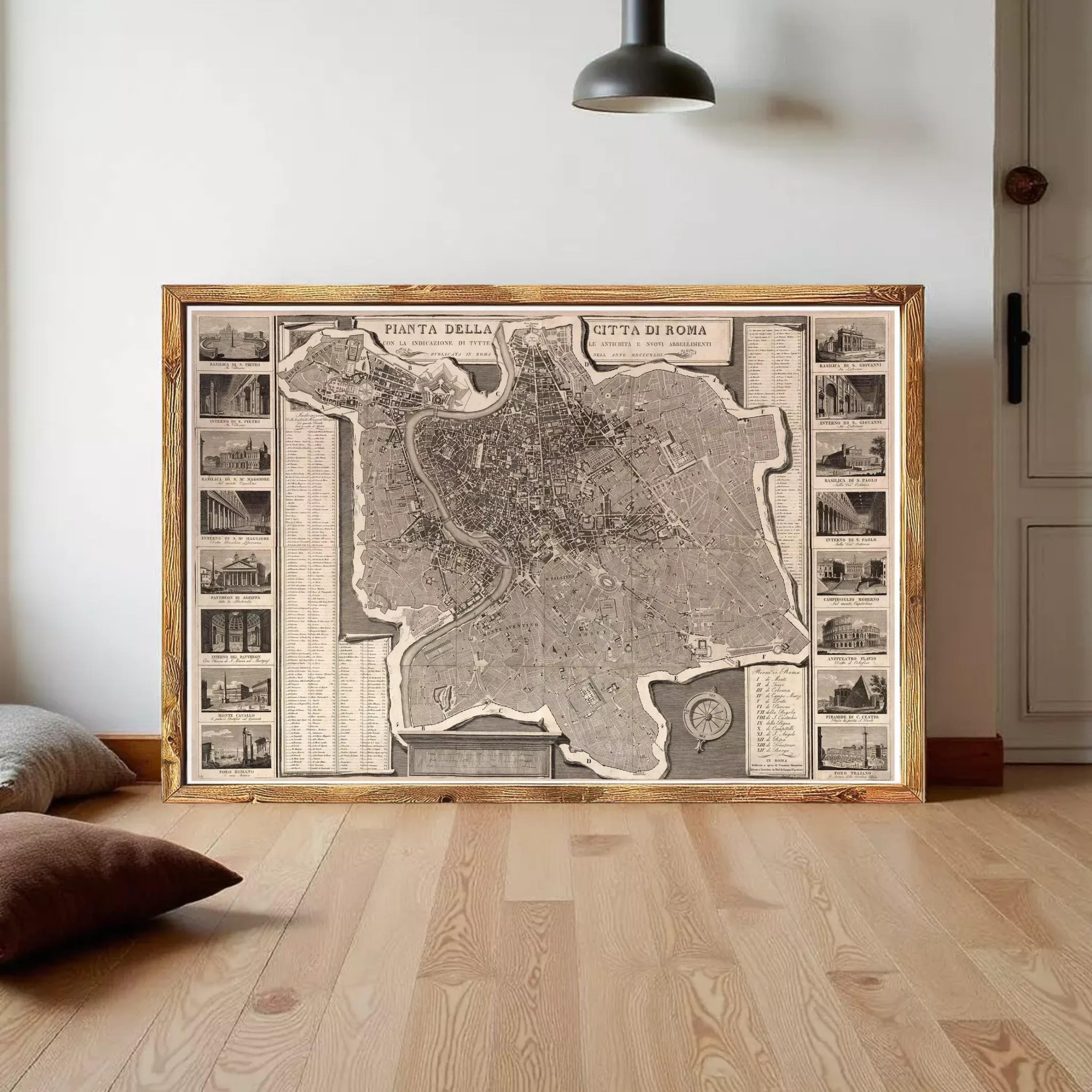 The image is a framed vintage map of Rome, Italy, depicting the city's layout and landmarks.