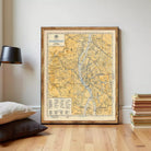 The image is a framed vintage map of Budapest, Hungary, depicting the city's streets, landmarks, and surrounding areas.