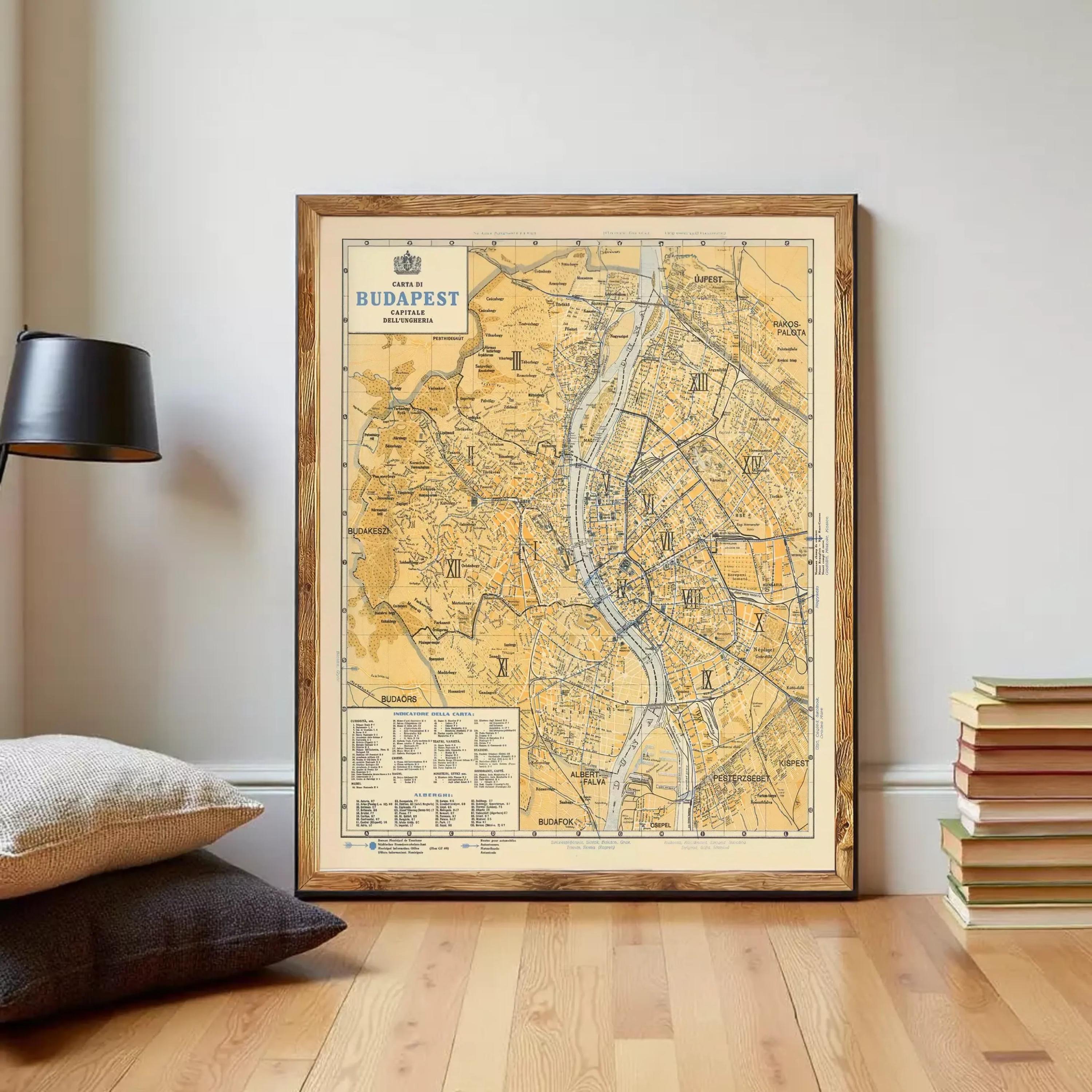 The image is a framed vintage map of Budapest, Hungary, depicting the city's streets, landmarks, and surrounding areas.