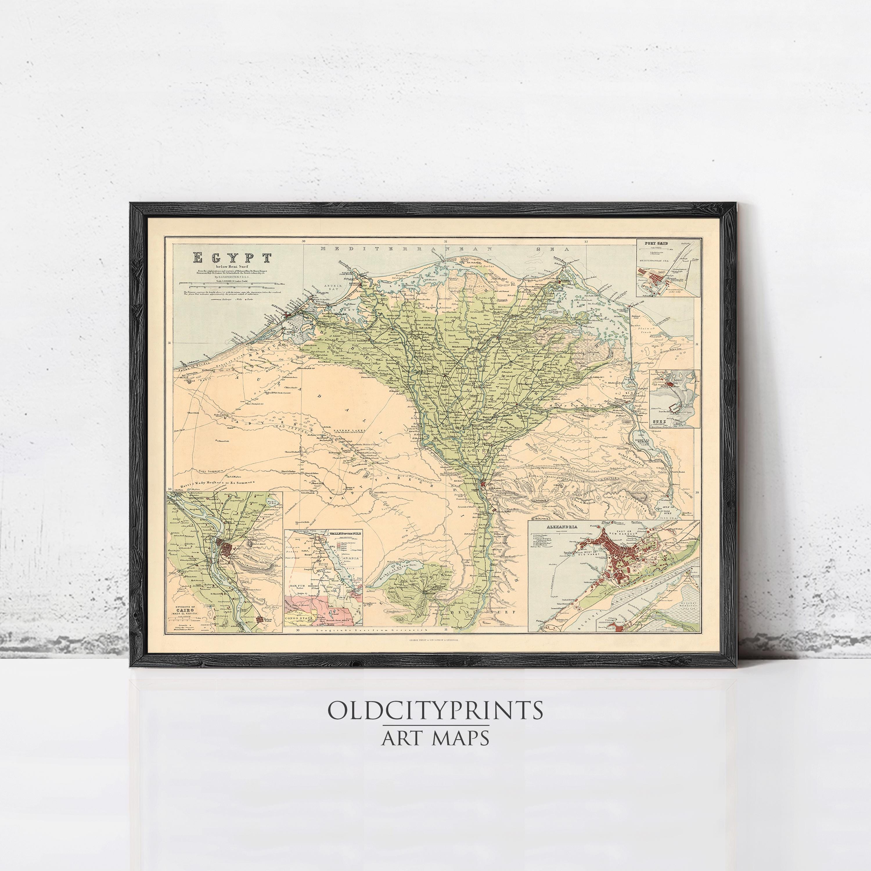 The image is a framed vintage map of Egypt, depicting the country's geographical layout and surrounding areas.